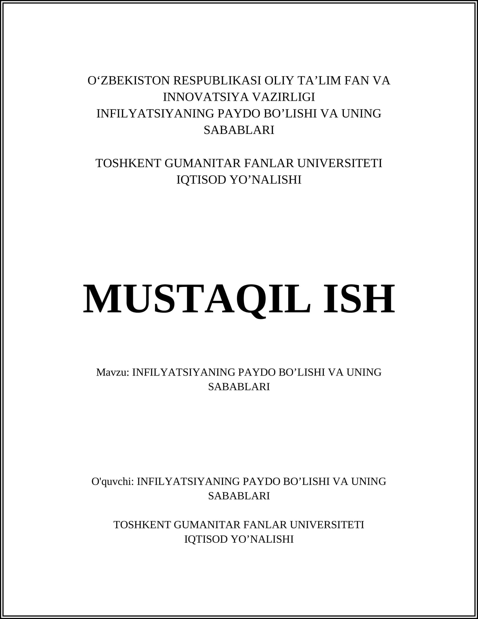 INFILYATSIYANING PAYDO BO’LISHI VA UNING SABABLARI