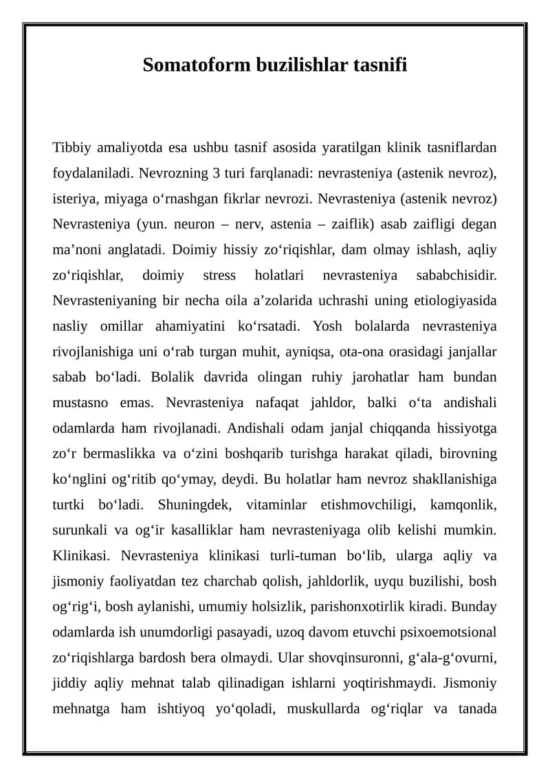 Somatoform buzilishlar tasnifi