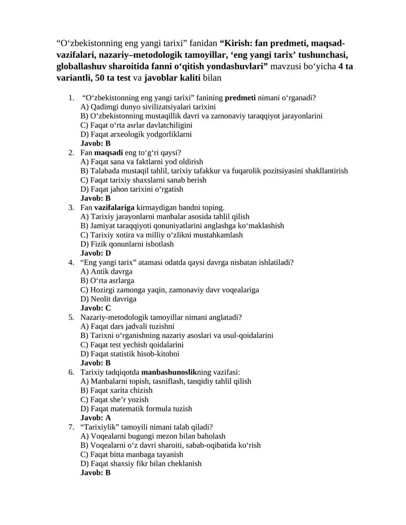 O'zbekistonning eng yangi tarixi 1-test