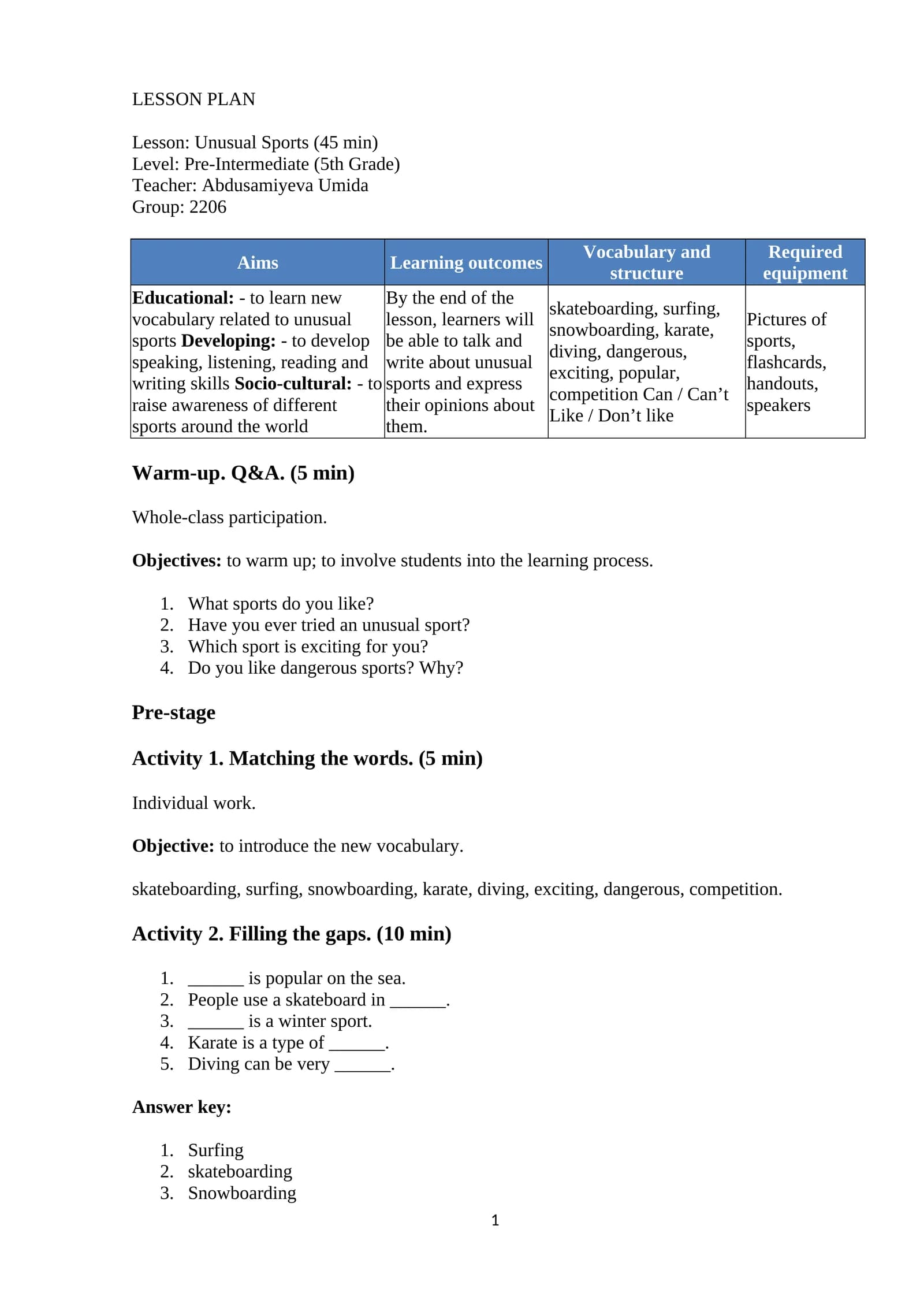 Lesson Plan: Unusual Sports