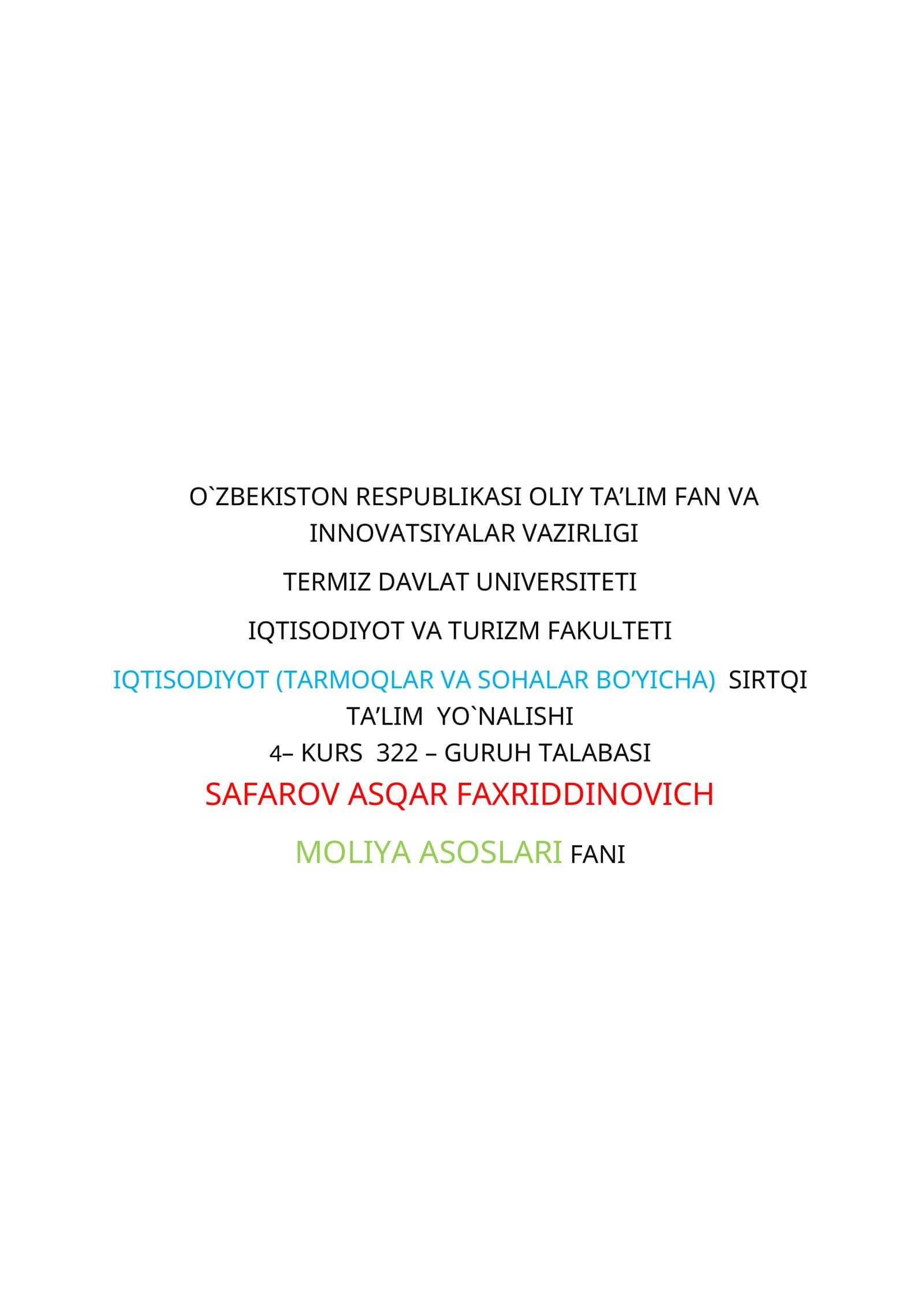 MOLIYA ASOSLARI FANI