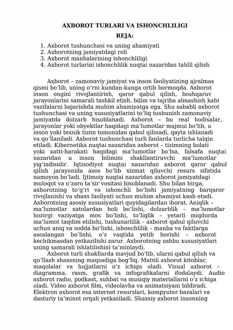 AXBOROT TURLARI VA ISHONCHLILIGI