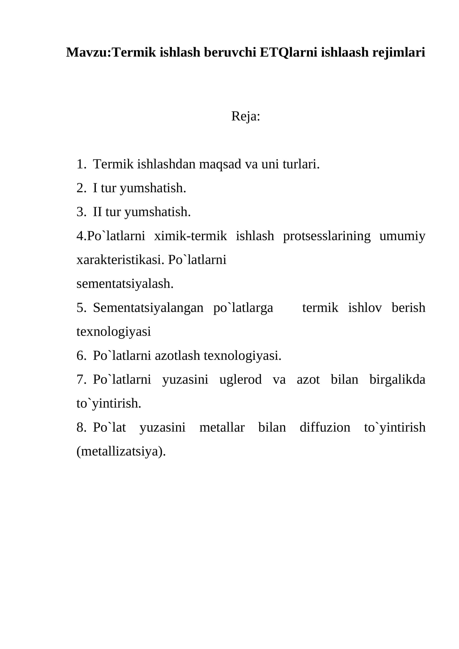 Termik ishlash beruvchi ETQlarni ishlaash rejimlari