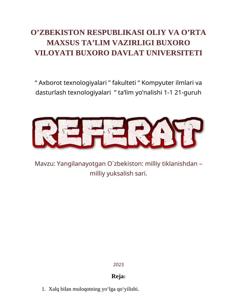 Yangilanayotgan O`zbekiston: milliy tiklanishdan – milliy yuksalish sari