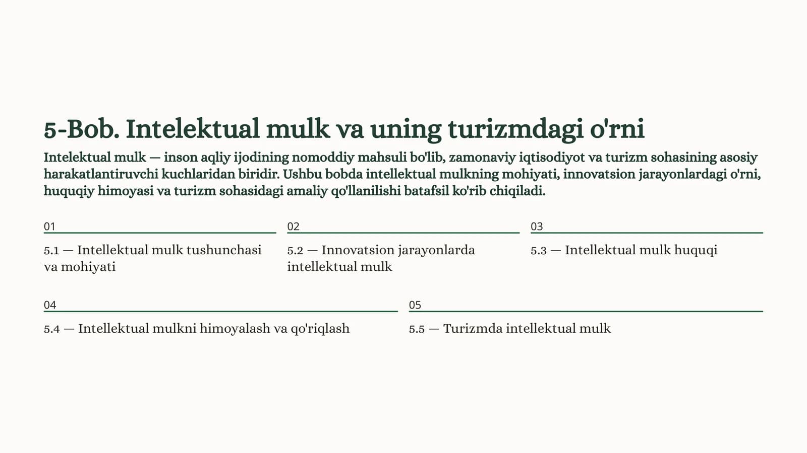 5-Bob. Intelektual mulk va uning turizmdagi o'rni