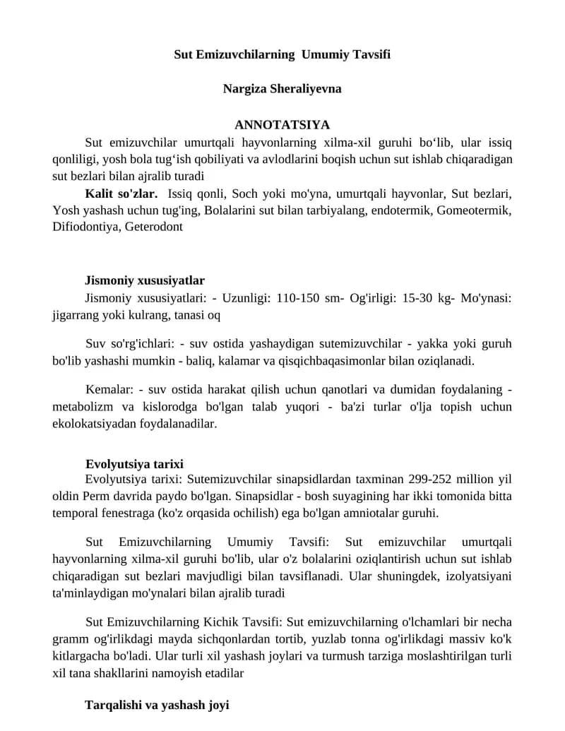 Sut Emizuvchilarning Umumiy Tavsifi