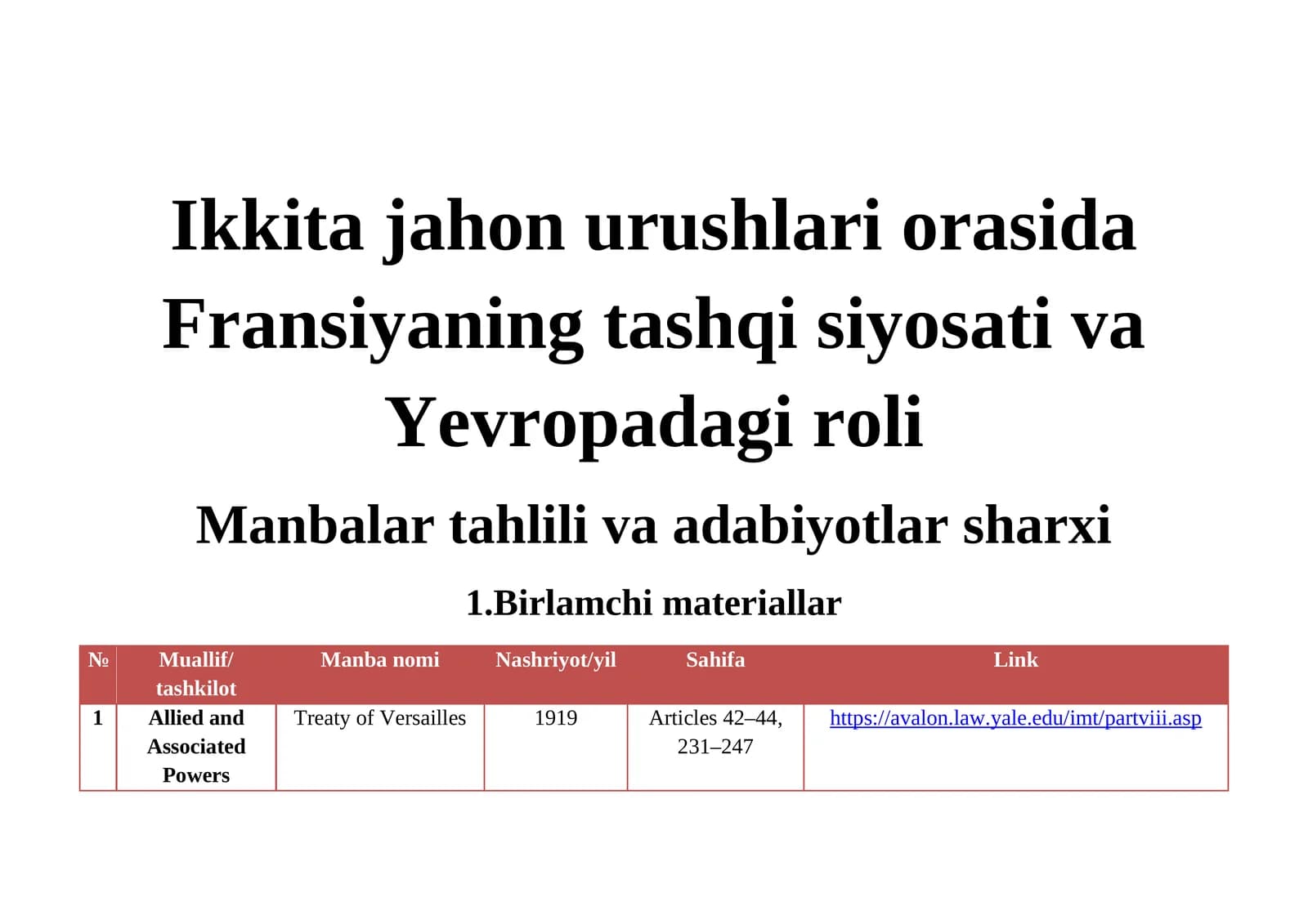 Manbalar tahlili va adabiyotlar sharxi