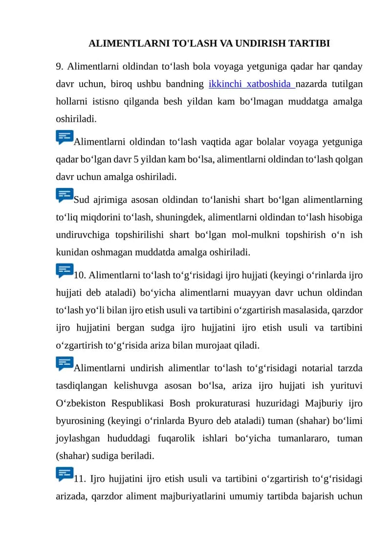 ALIMENTLARNI TO'LASH VA UNDIRISH TARTIBI