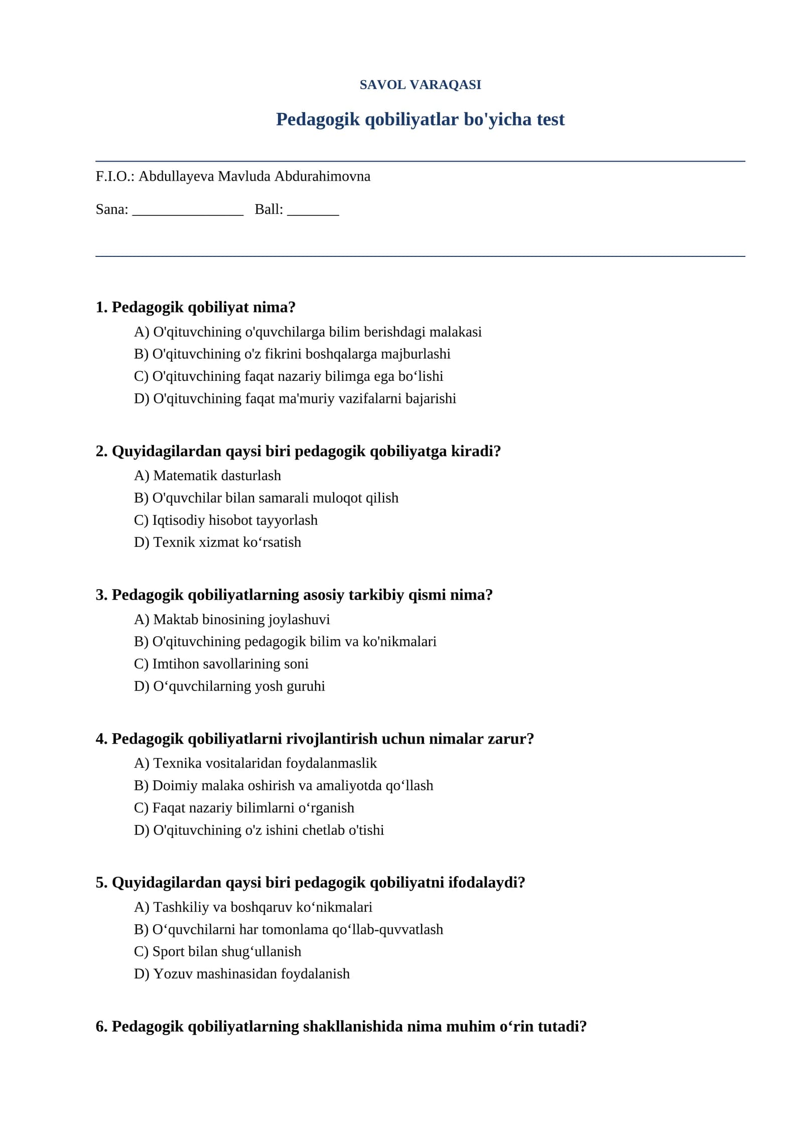 Pedagogik qobiliyatlar bo'yicha test