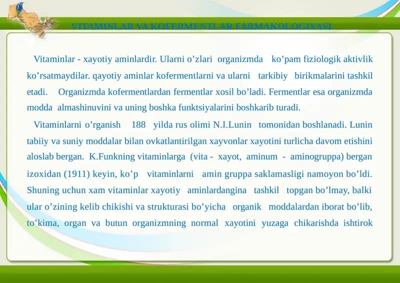 VITAMINLAR VA KOFERMENTLAR FARMAKOLOGIYASI