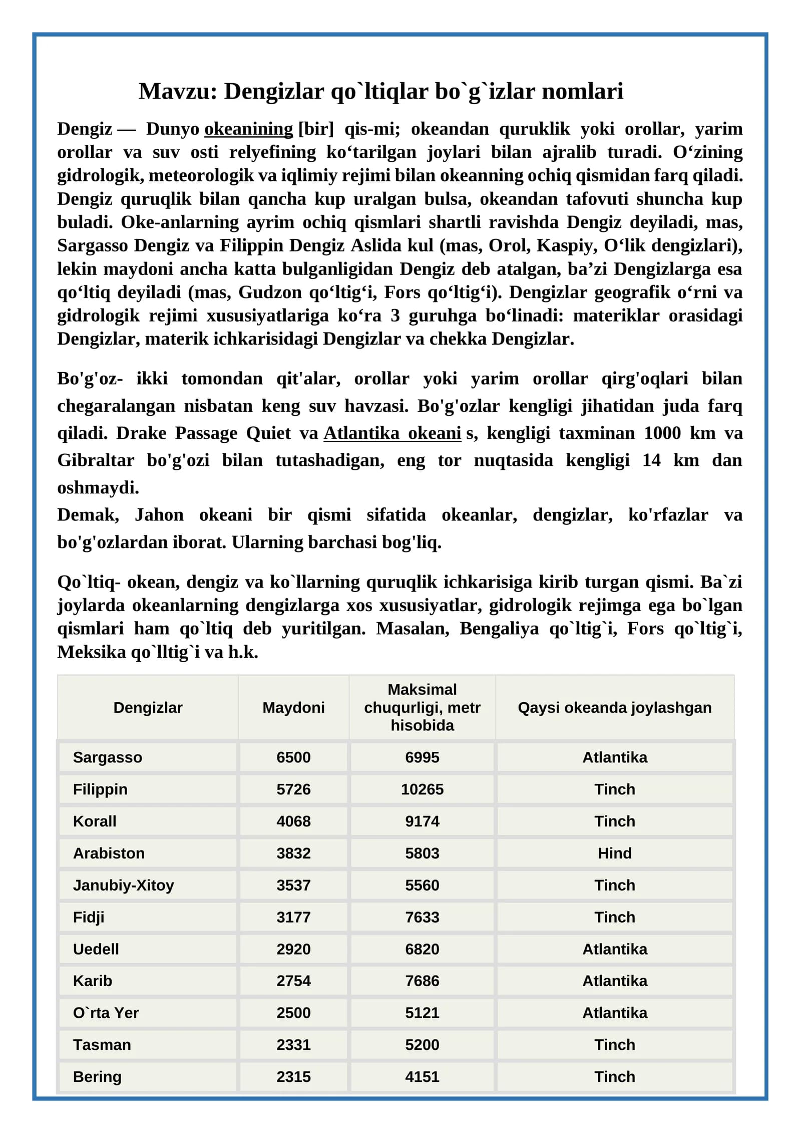 Dengizlar qo`ltiqlar bo`g`izlar nomlari