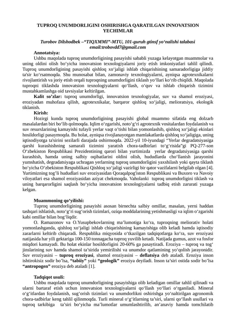 TUPROQ UNUMDORLIGINI OSHIRISHGA QARATILGAN INNOVATSION YECHIMLAR