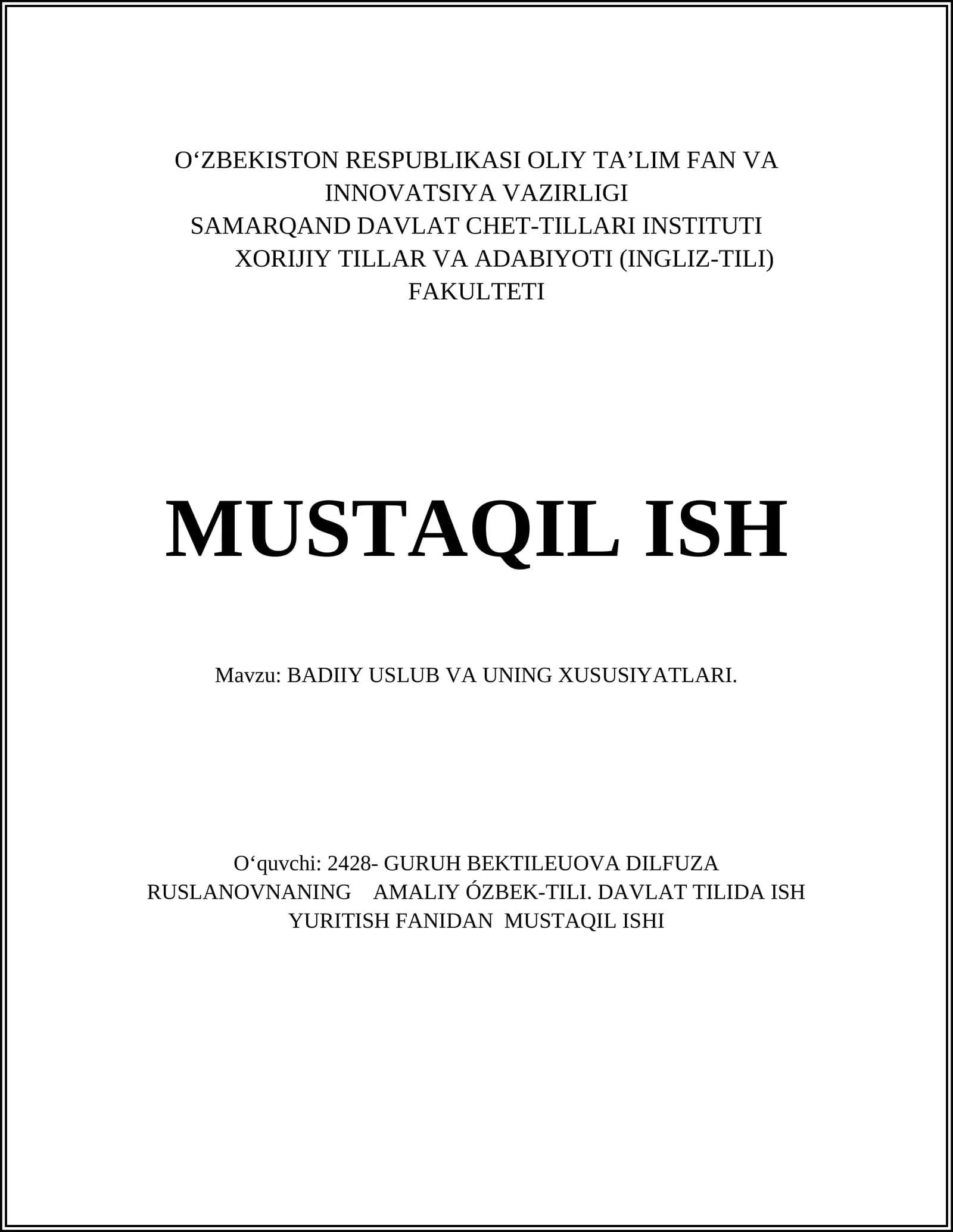 BADIIY USLUB VA UNING XUSUSIYATLARI