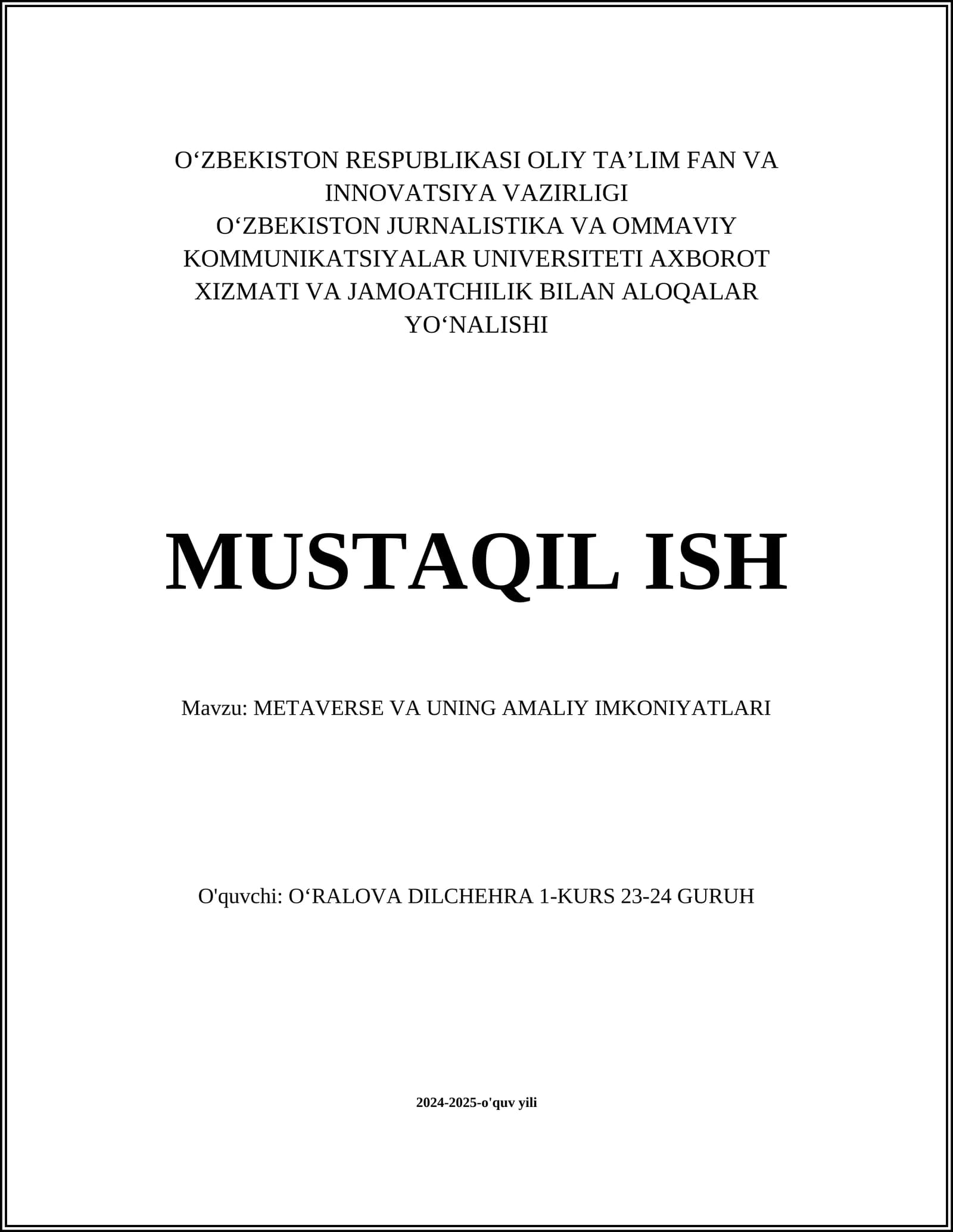 METAVERSE VA UNING AMALIY IMKONIYATLARI