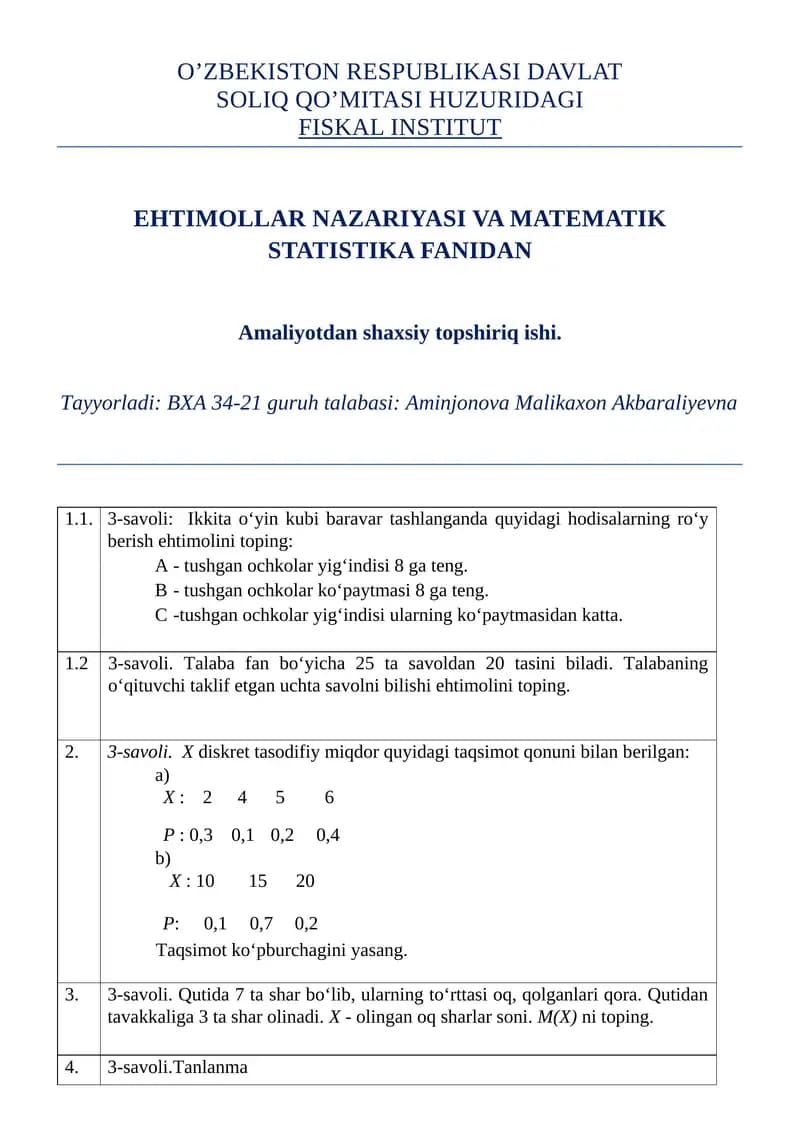 EHTIMOLLAR NAZARIYASI VA MATEMATIK STATISTIKA FANI