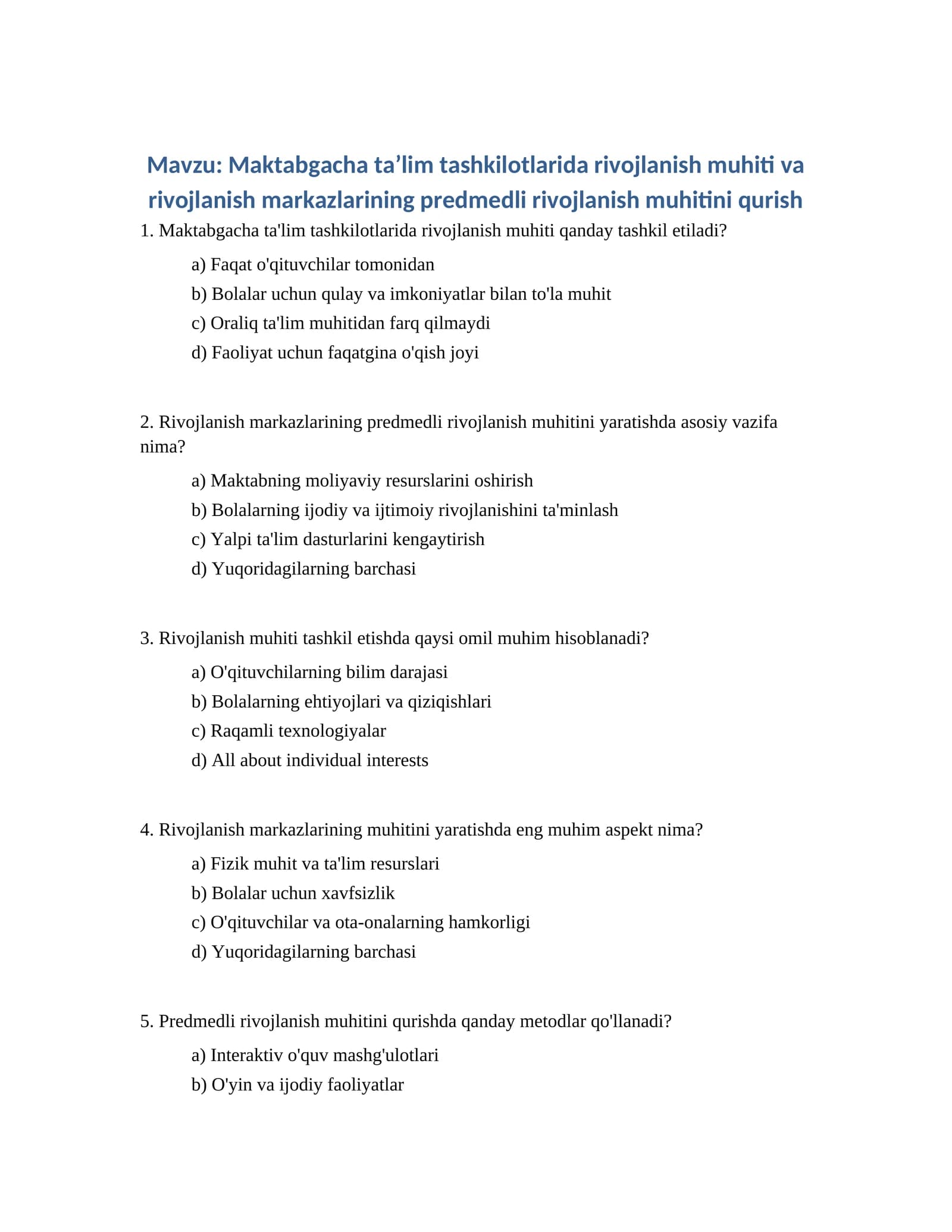 Maktabgacha ta'lim tashkilotlarida rivojlanish muhitini qurish