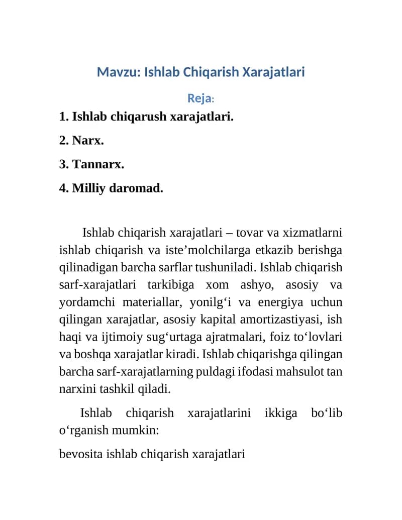 Ishlab Chiqarish Xarajatlari
