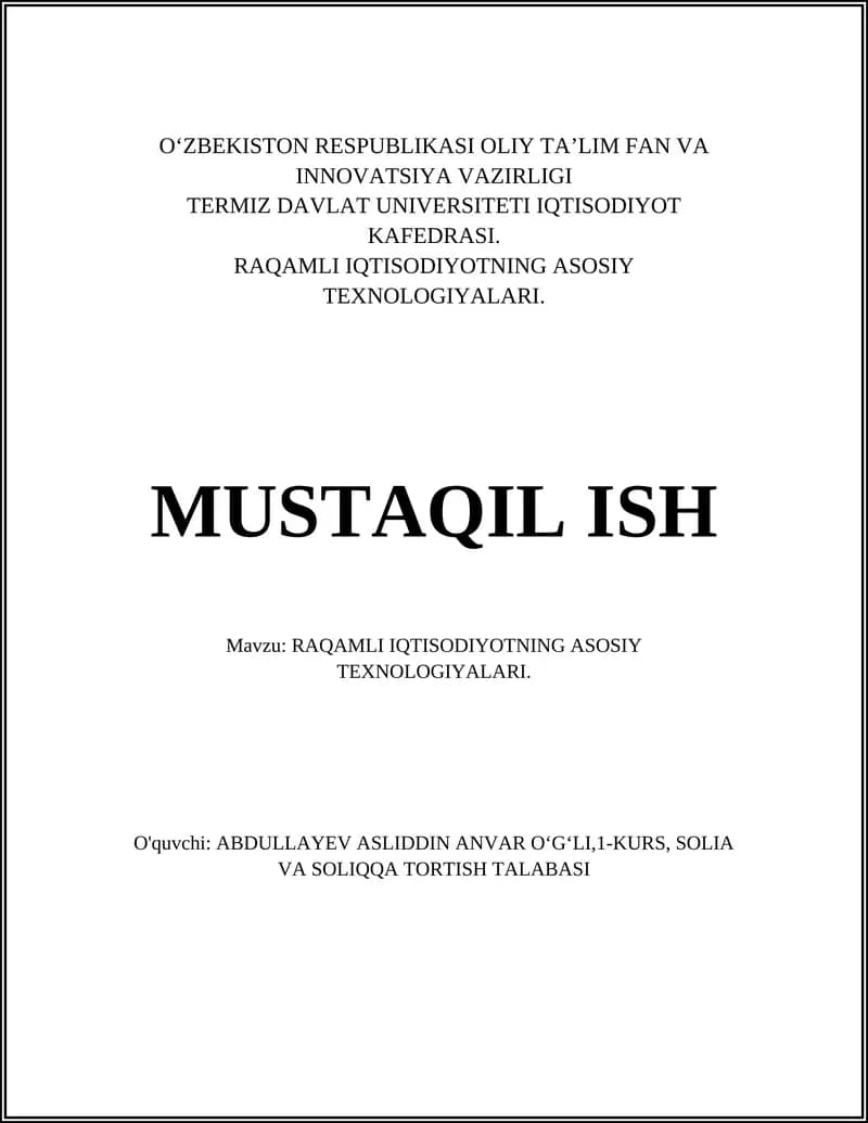 RAQAMLI IQTISODIYOTNING ASOSIY TEXNOLOGIYALARI