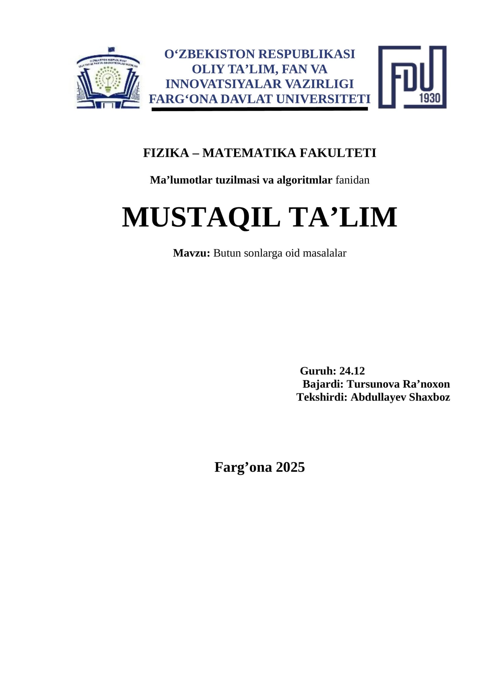 Butun sonlarga oid masalalar