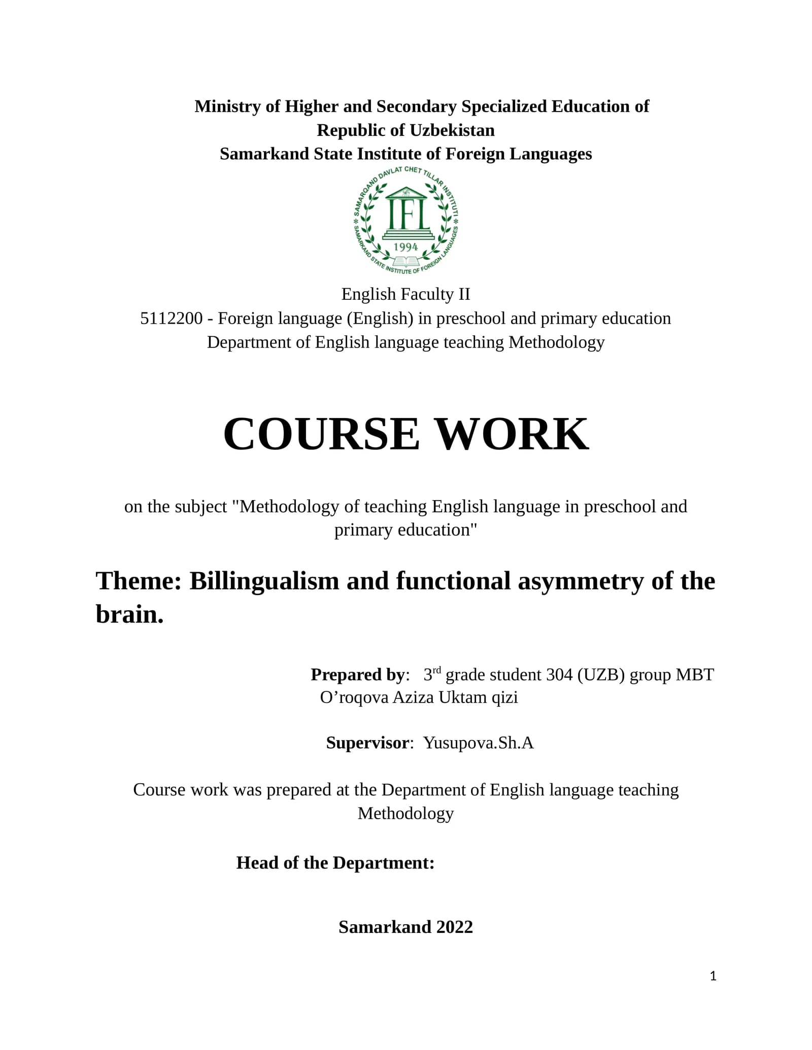Billingualism and Functional Asymmetry of the Brain