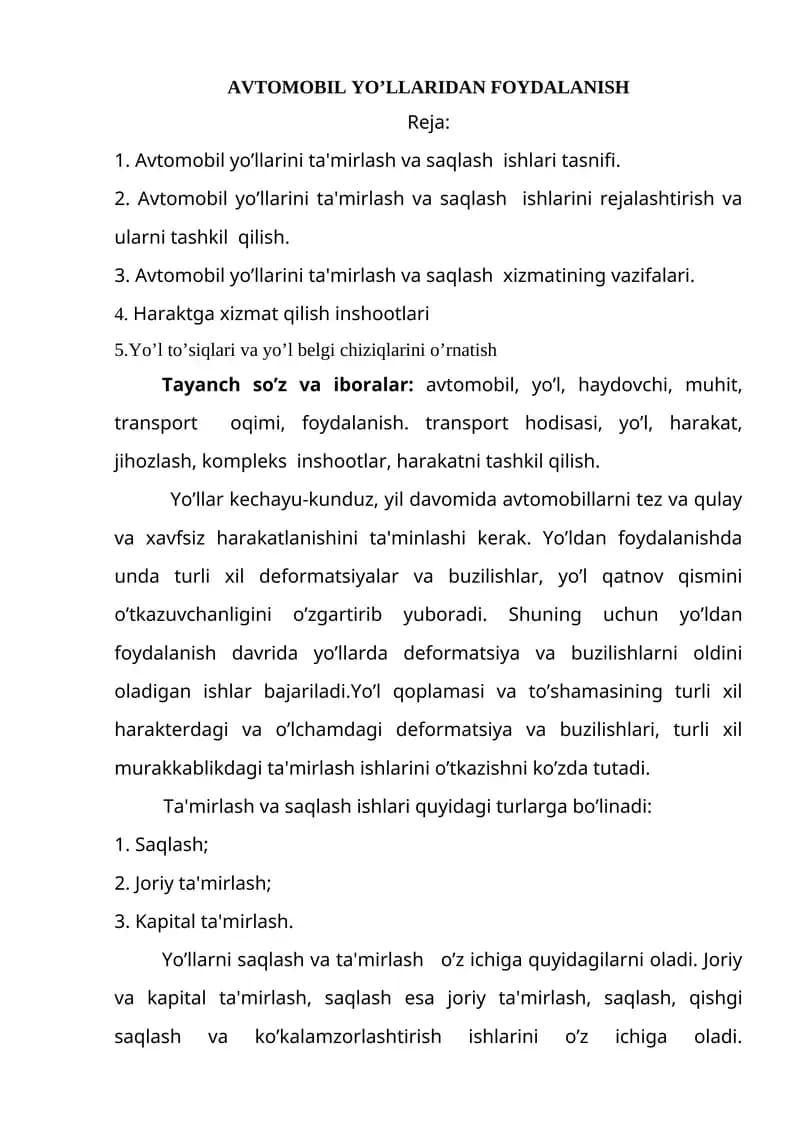 Avtomobil Yo'llaridan Foydalanish