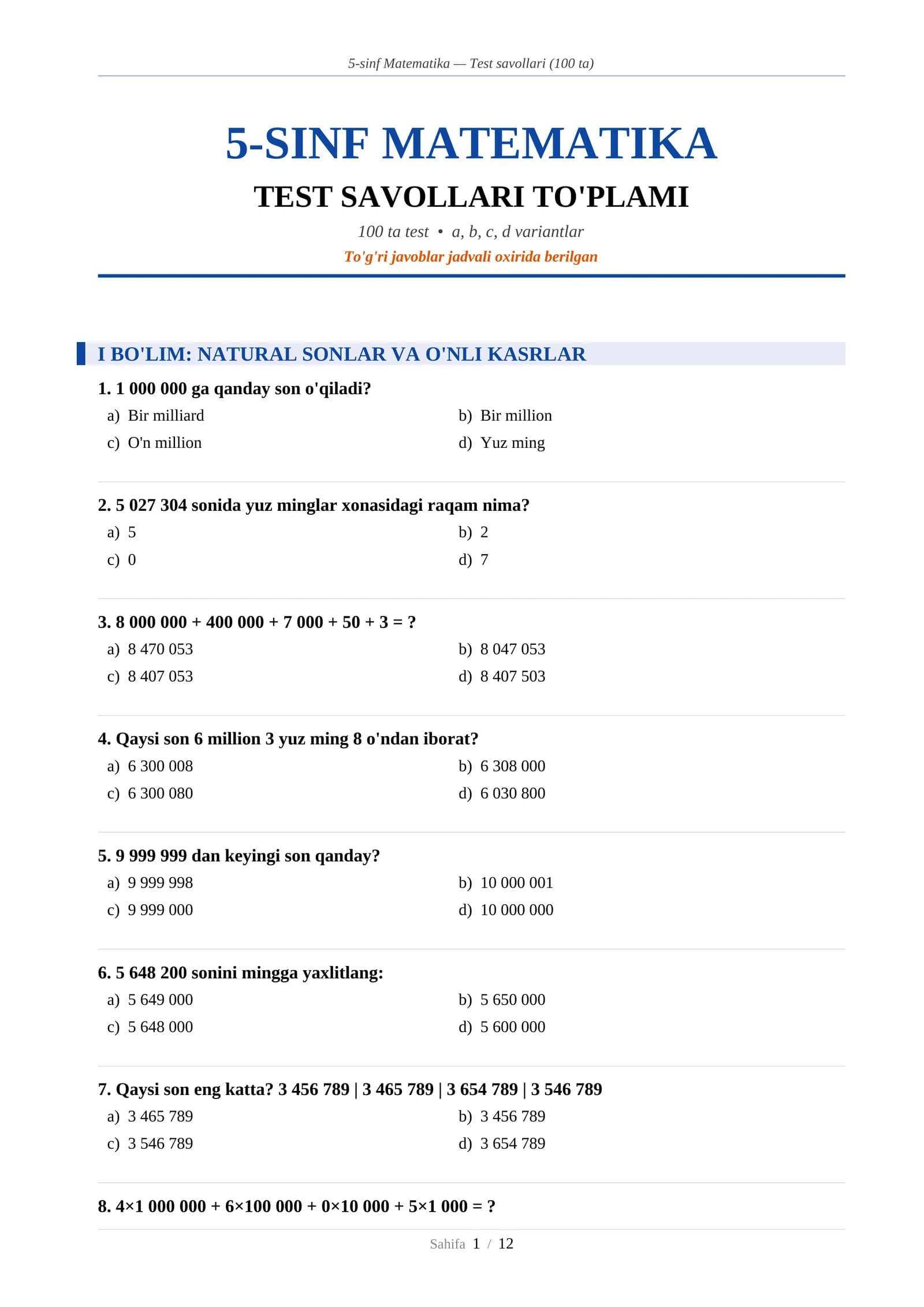 5-sinf Matematika — Test savollari (100 ta)