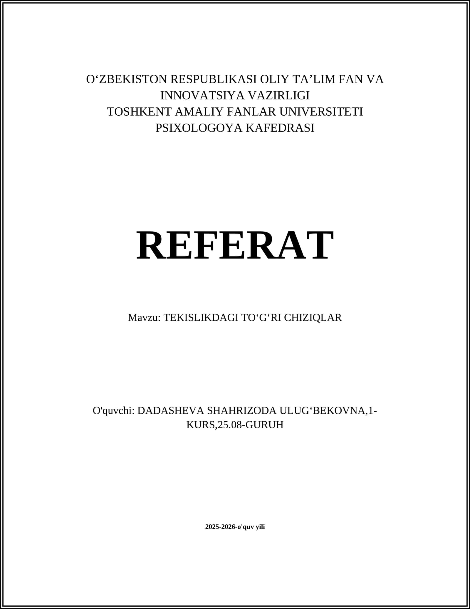 TEKISLIKDAGI TOʻGʻRI CHIZIQLAR
