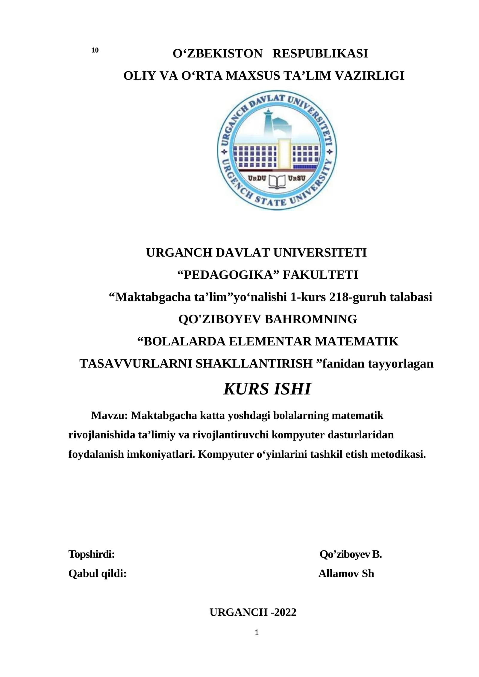 BOLALARDA ELEMENTAR MATEMATIK TASAVVURLARNI SHAKLLANTIRISH