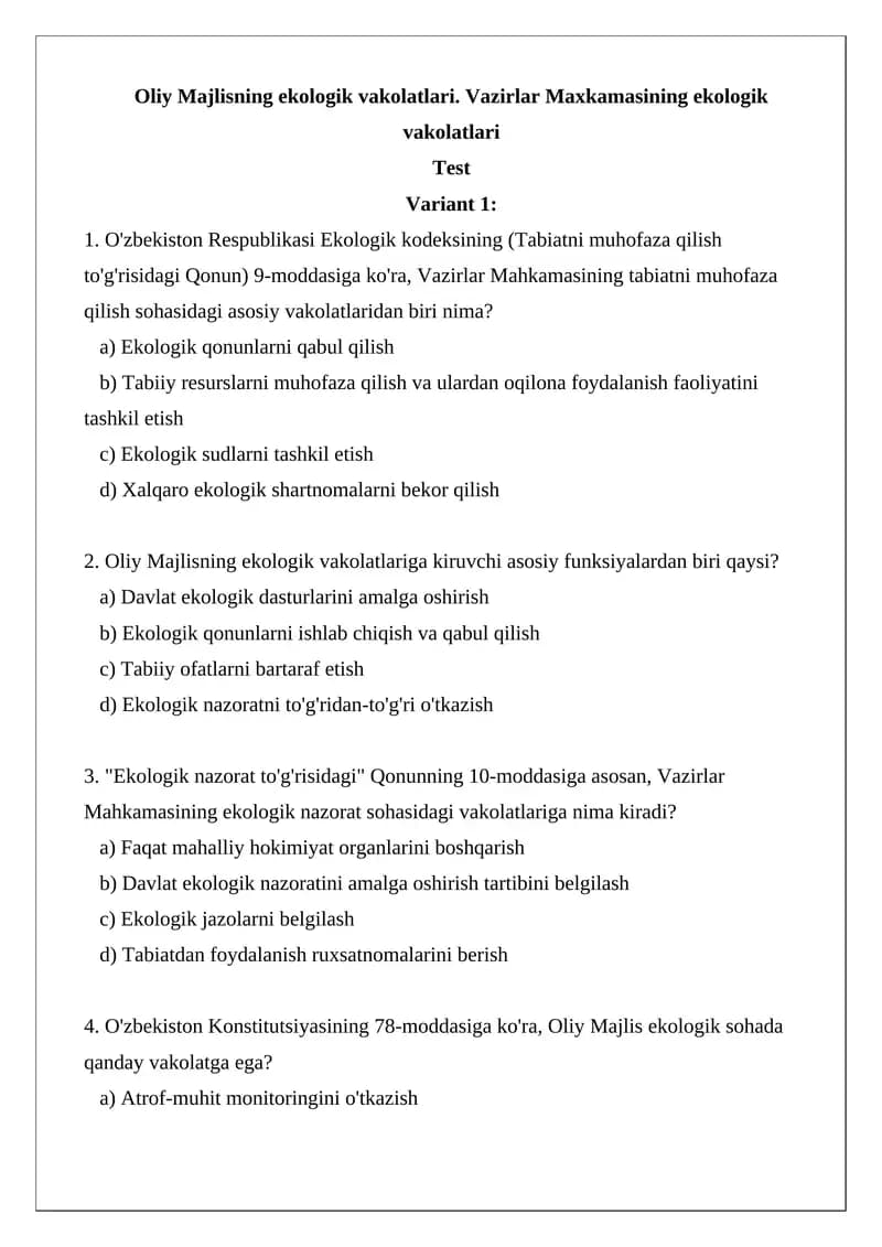 Oliy Majlisning ekologik vakolatlari