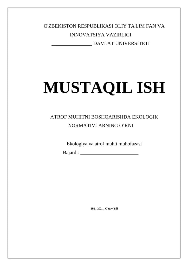 ATROF MUHITNI BOSHQARISHDA EKOLOGIK NORMATIVLARNING O’RNI