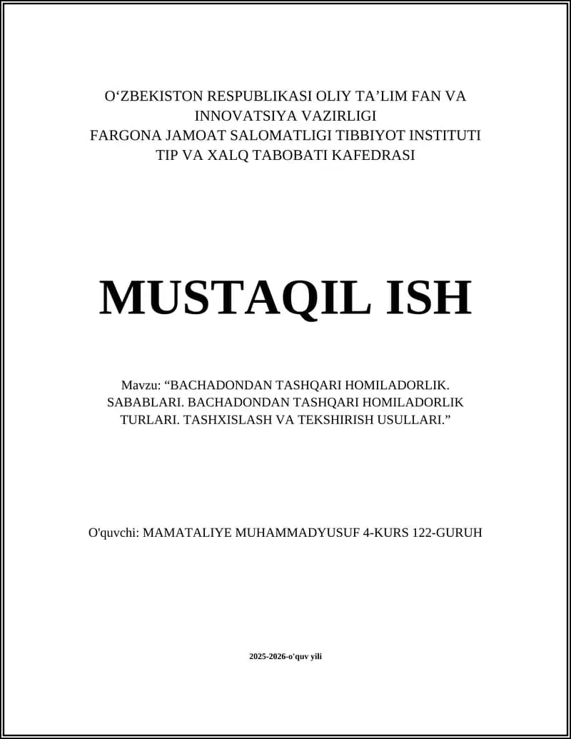 BACHADONDAN TASHQARI HOMILADORLIK