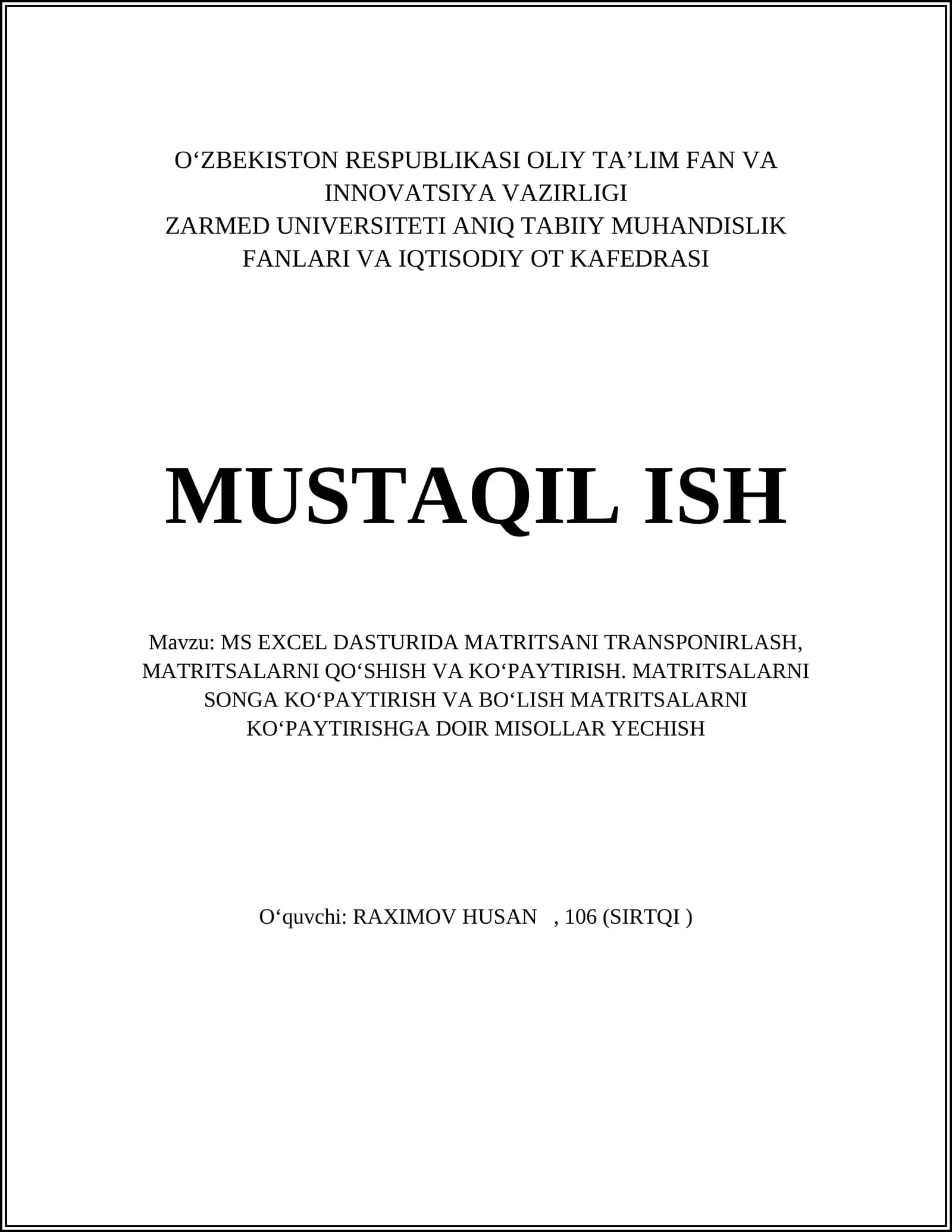 MS EXCEL DASTURIDA MATRITSANI TRANSPONIRLASH