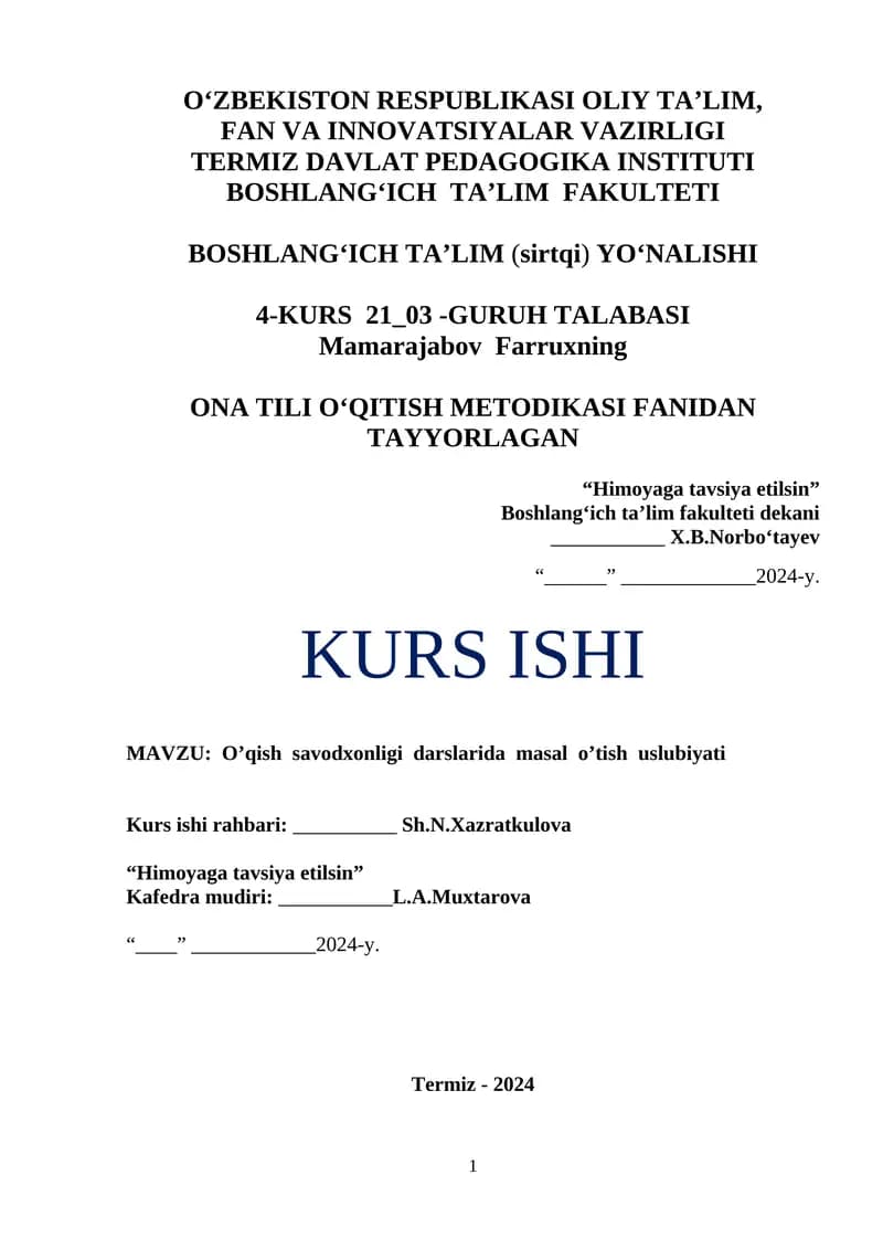 O’qish savodxonligi darslarida masal o’tish uslubiyati