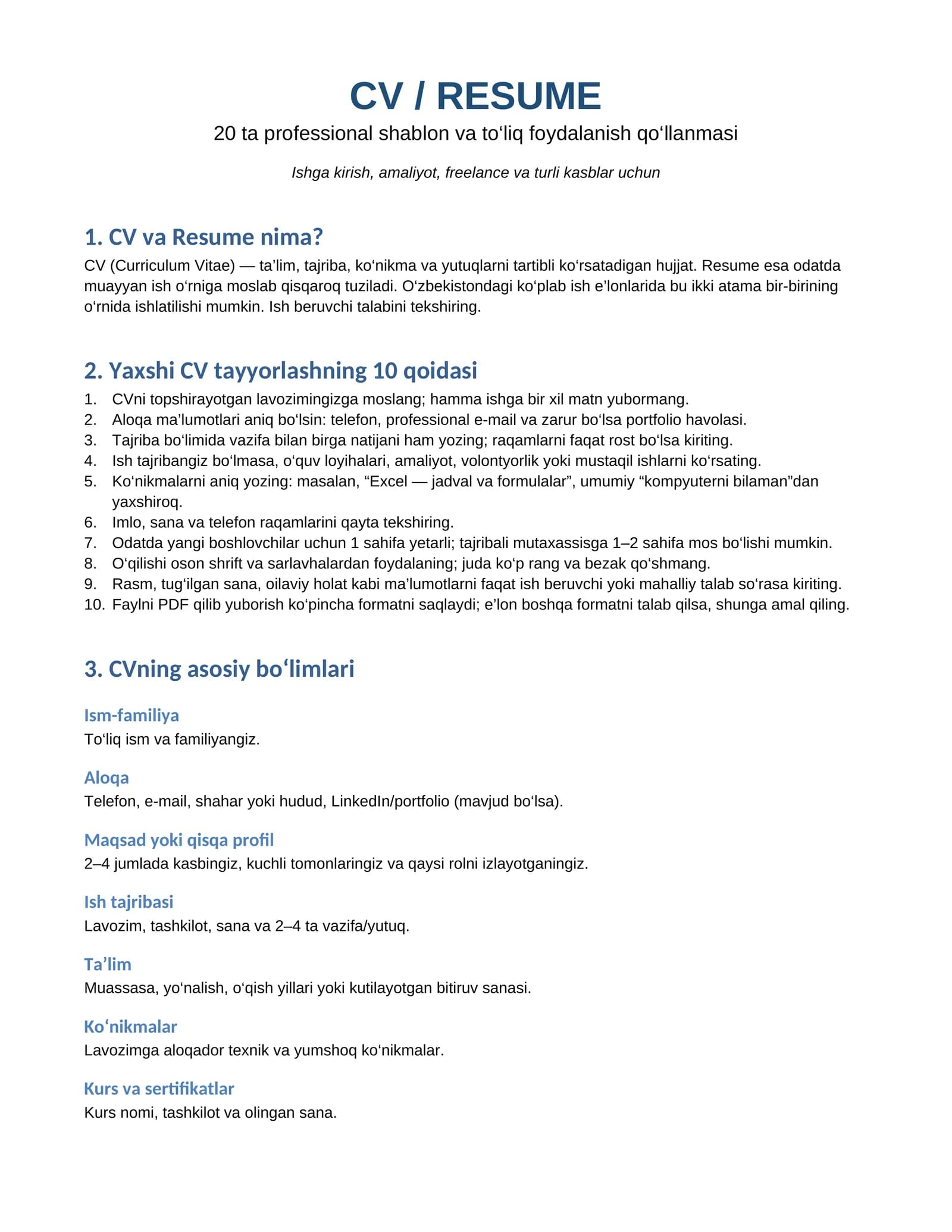 CV / RESUME 20 ta professional shablon