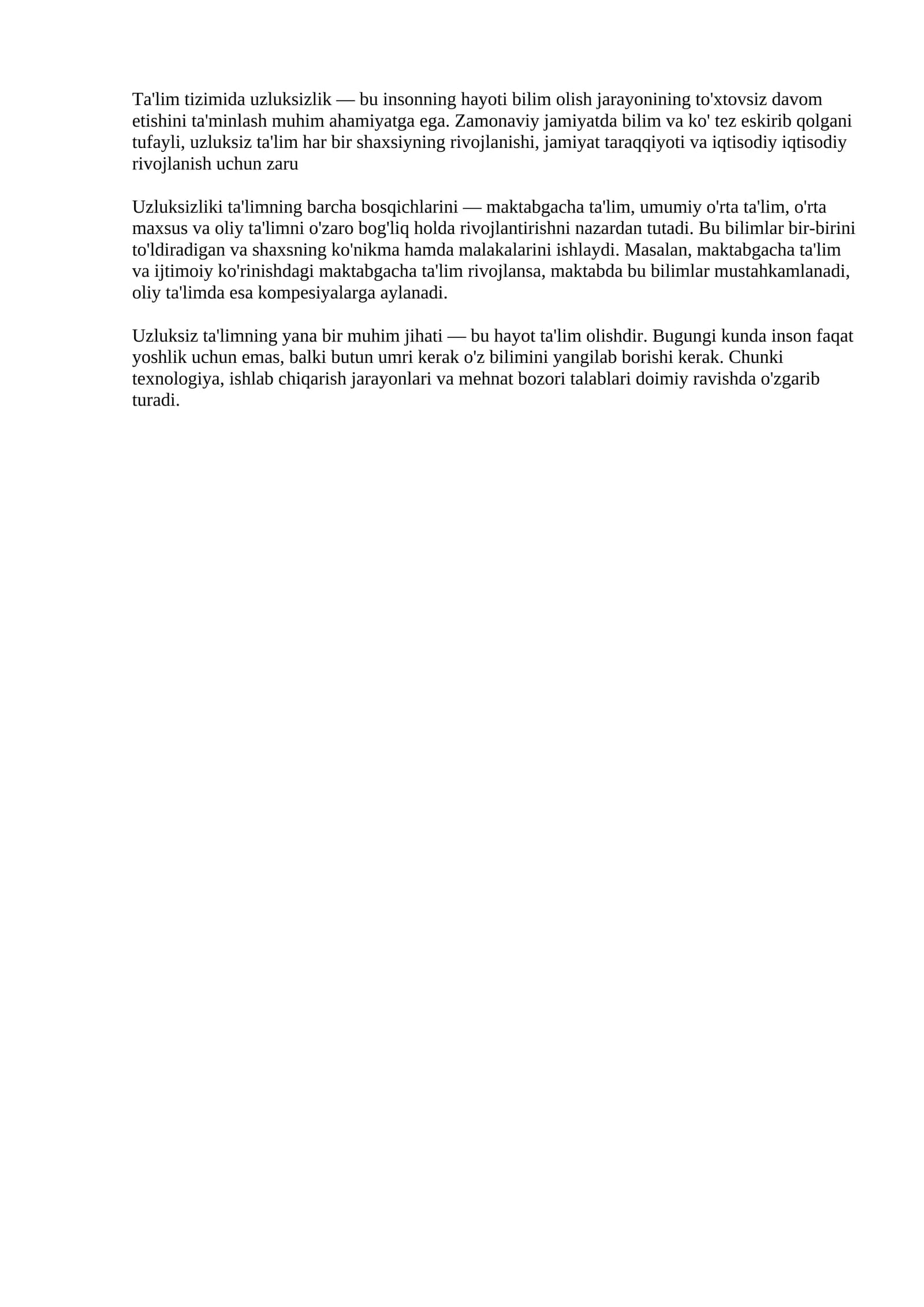 Ta'lim tizimida uzluksizlik