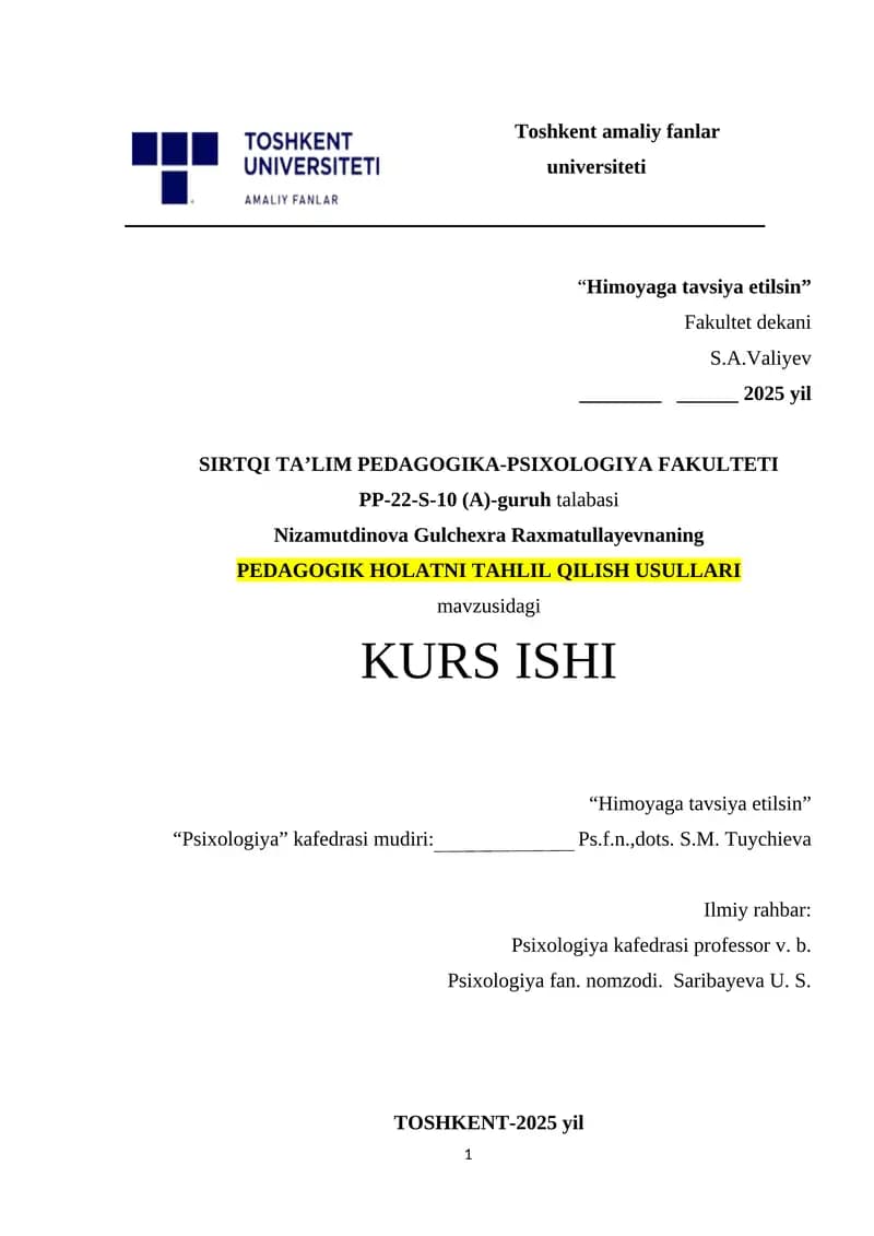 PEDAGOGIK HOLATNI TAHLIL QILISH USULLARI
