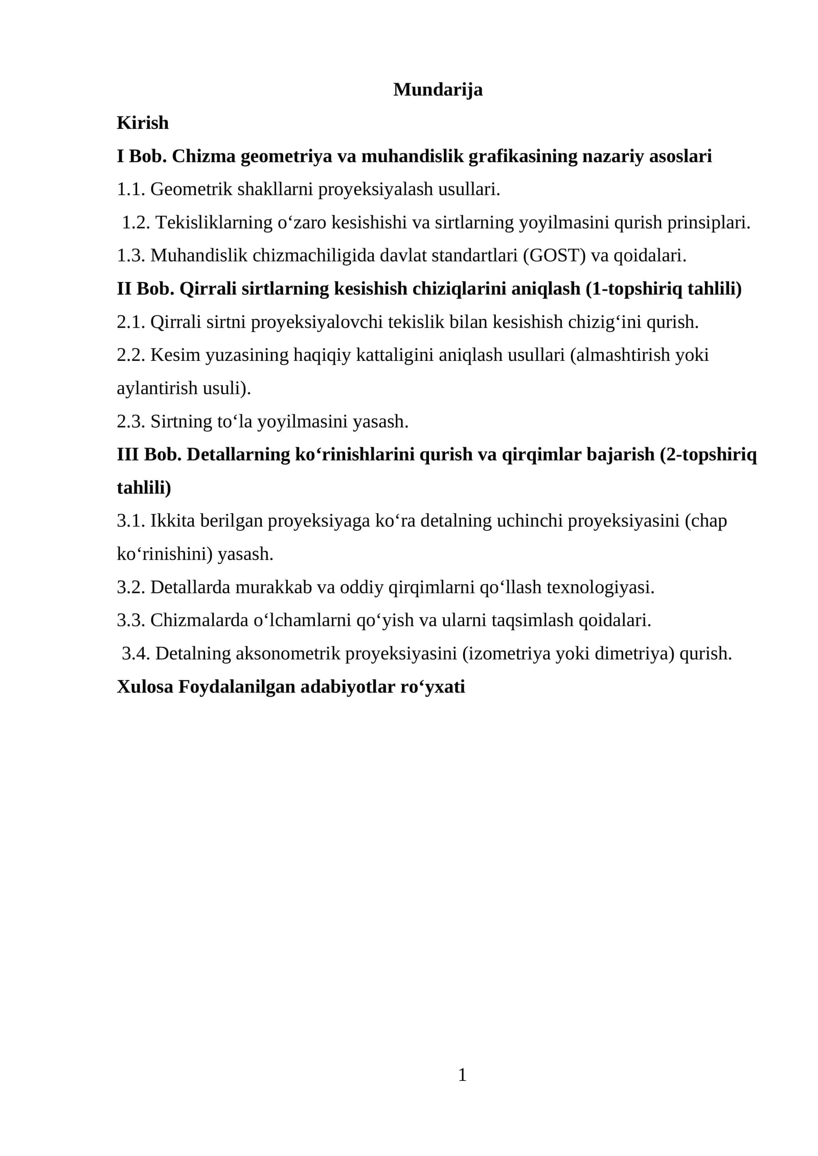 I Bob. Chizma geometriya va muhandislik grafikasining nazariy asoslari