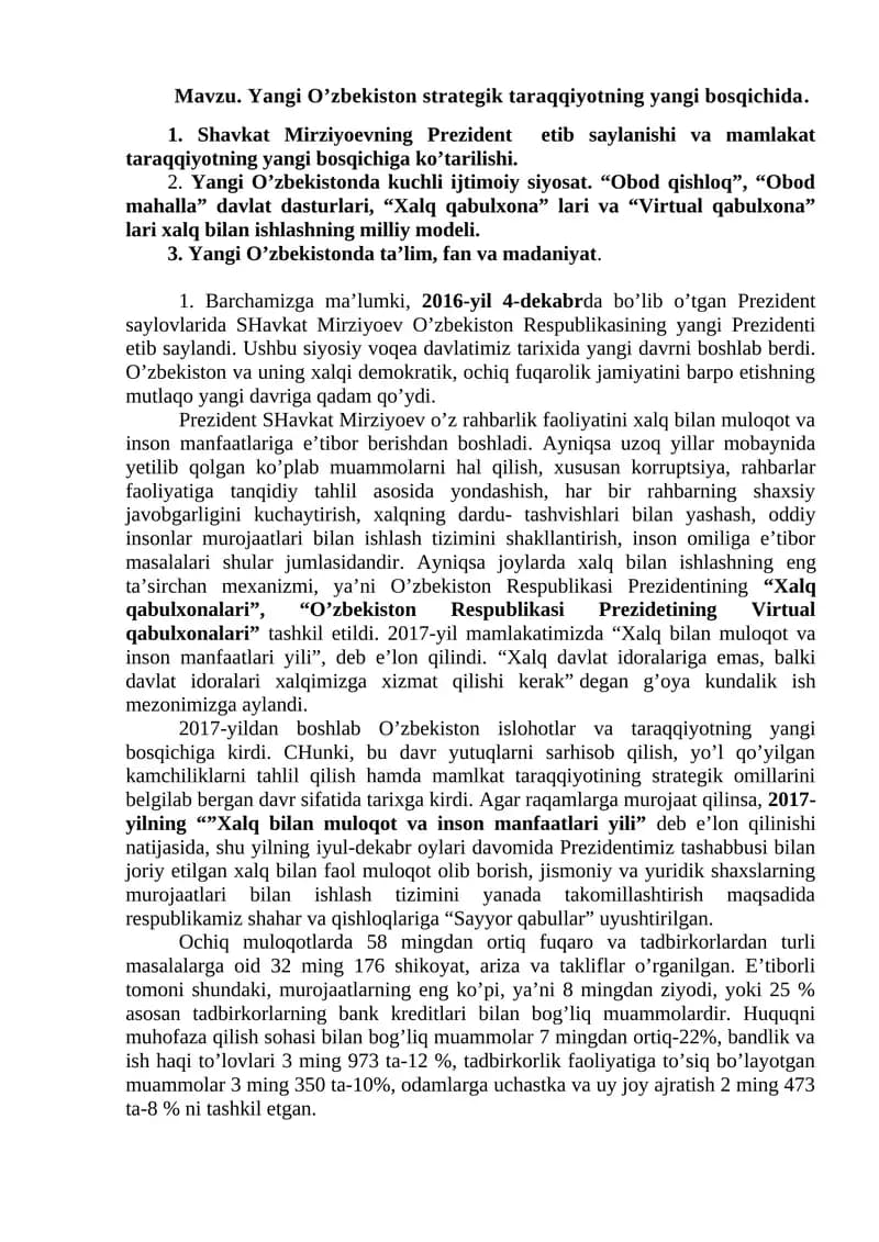 Yangi O’zbekiston strategik taraqqiyotning yangi bosqichida
