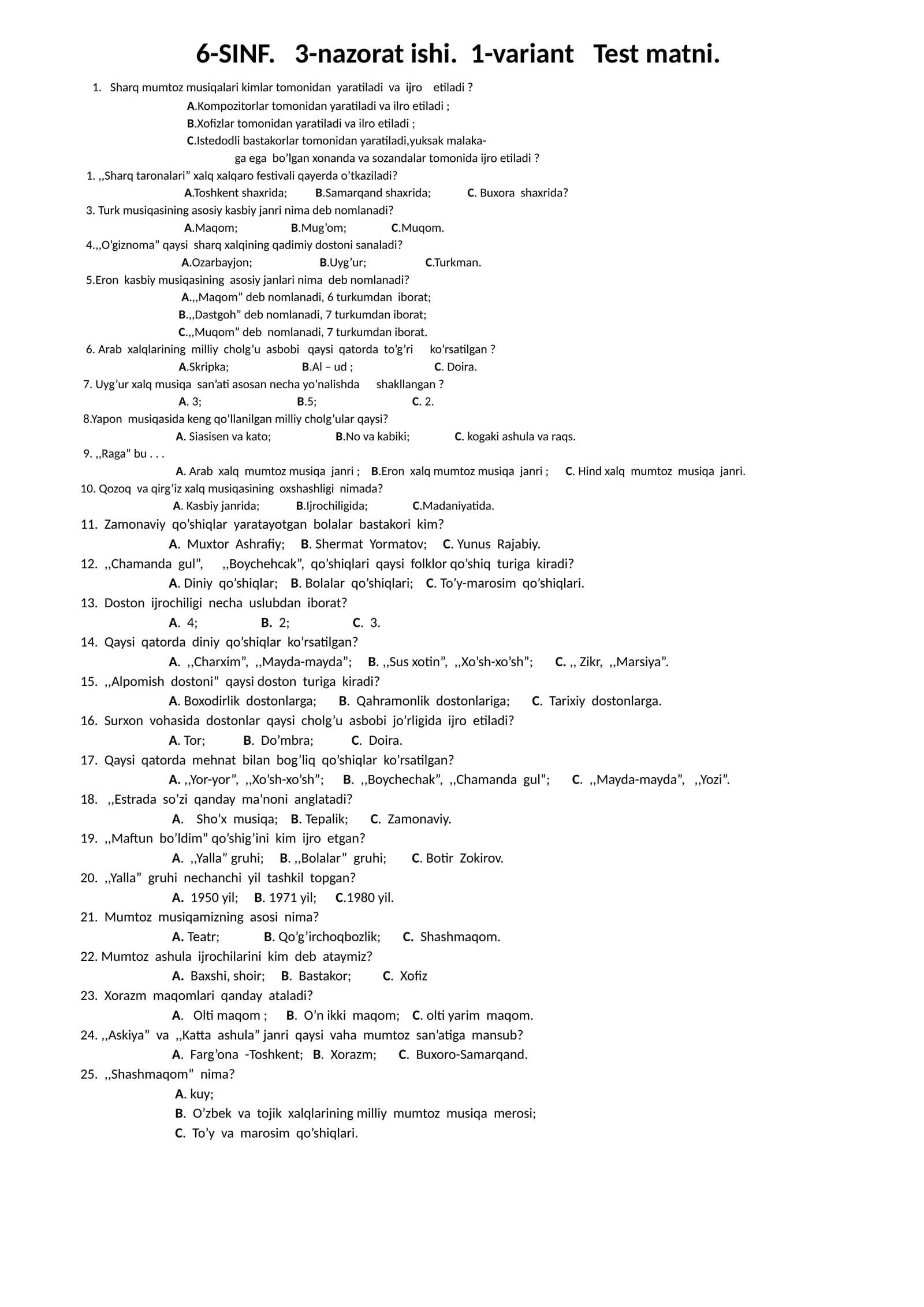 6-SINF. 3-nazorat ishi. 1-variant Test matni
