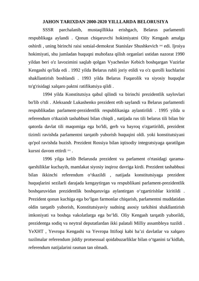 JAHON TARIXDAN 2000-2020 YILLLARDA BELORUSIYA