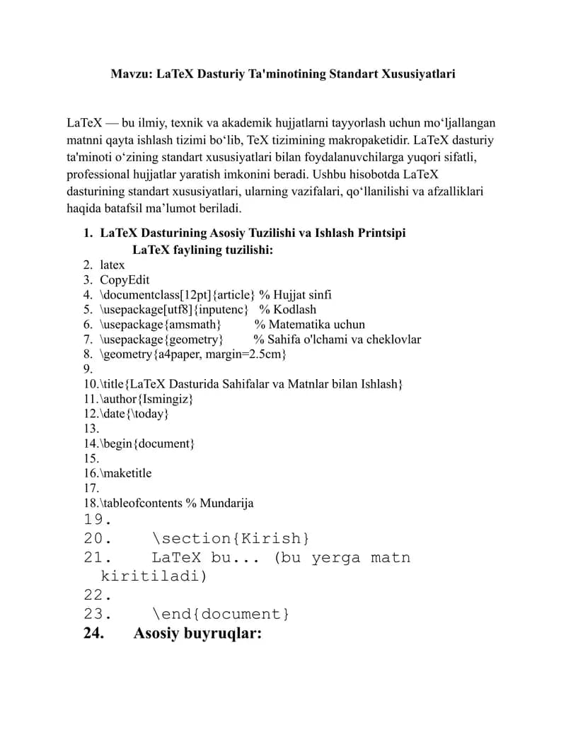 LaTeX Dasturiy Ta'minotining Standart Xususiyatlari