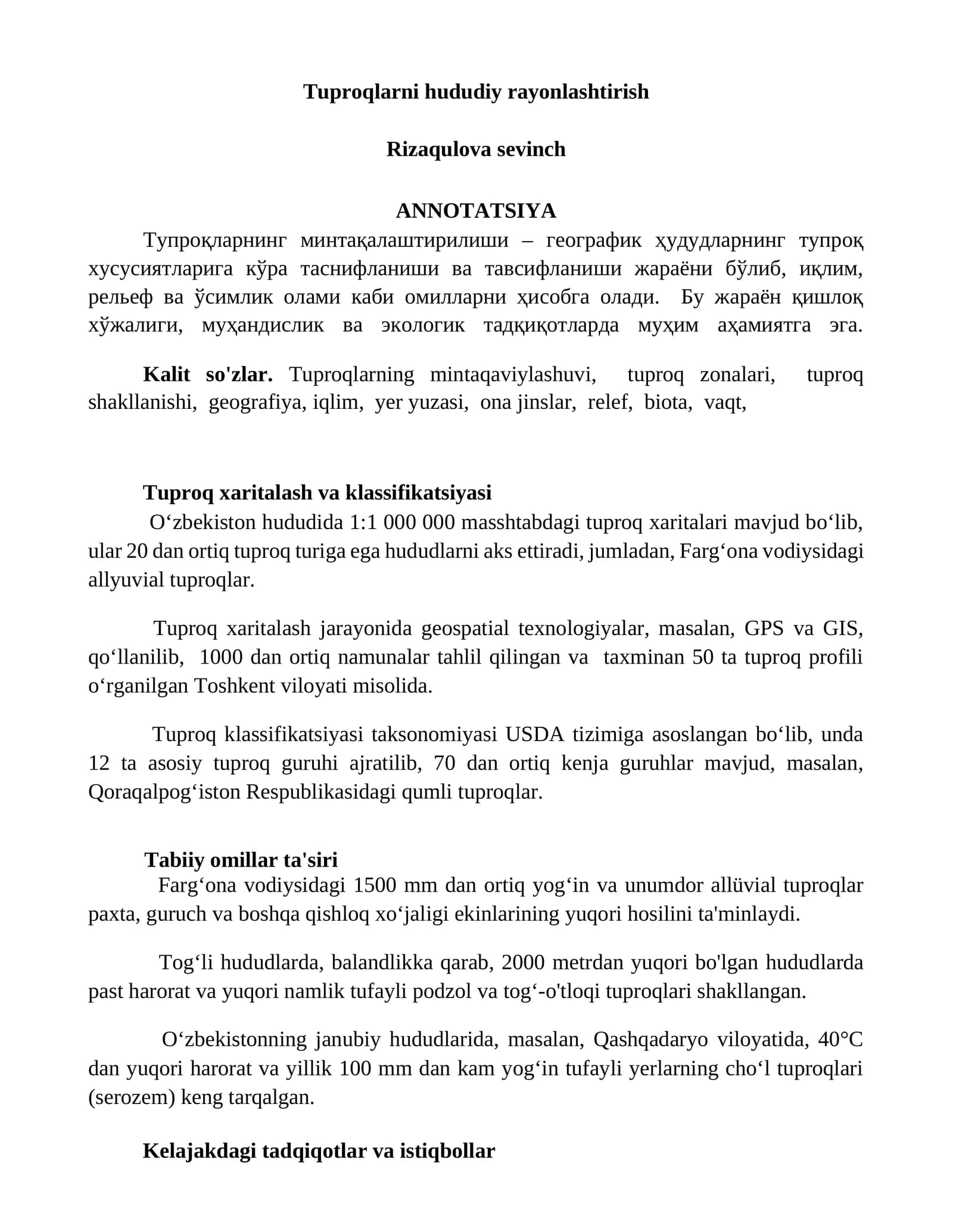 Tuproqlarni hududiy rayonlashtirish