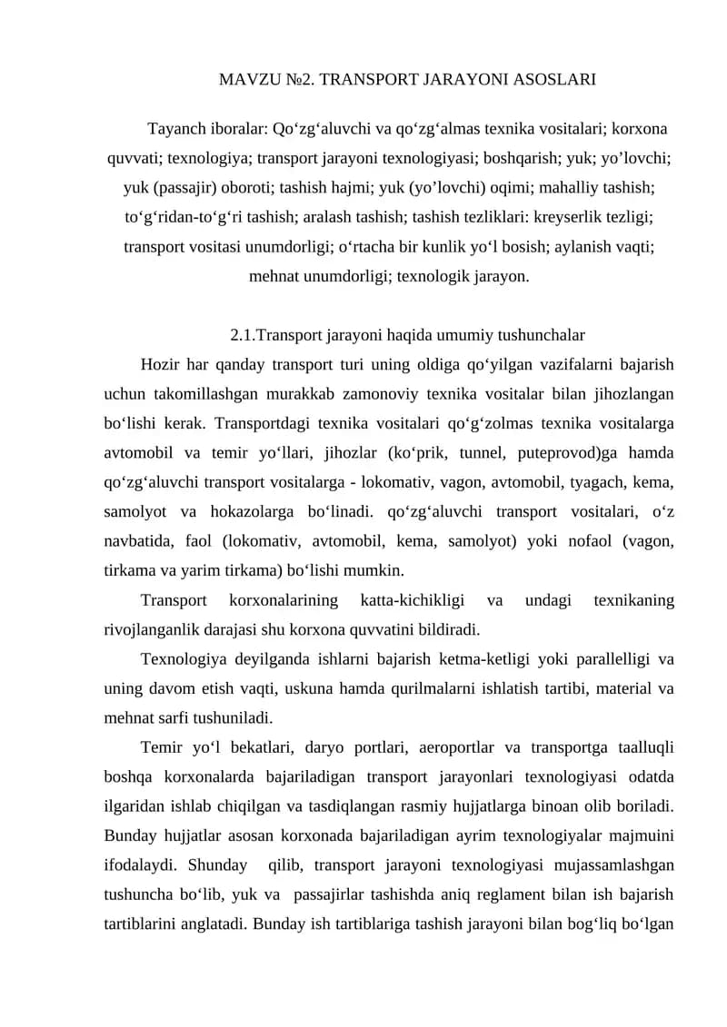 TRANSPORT JARAYONI ASOSLARI