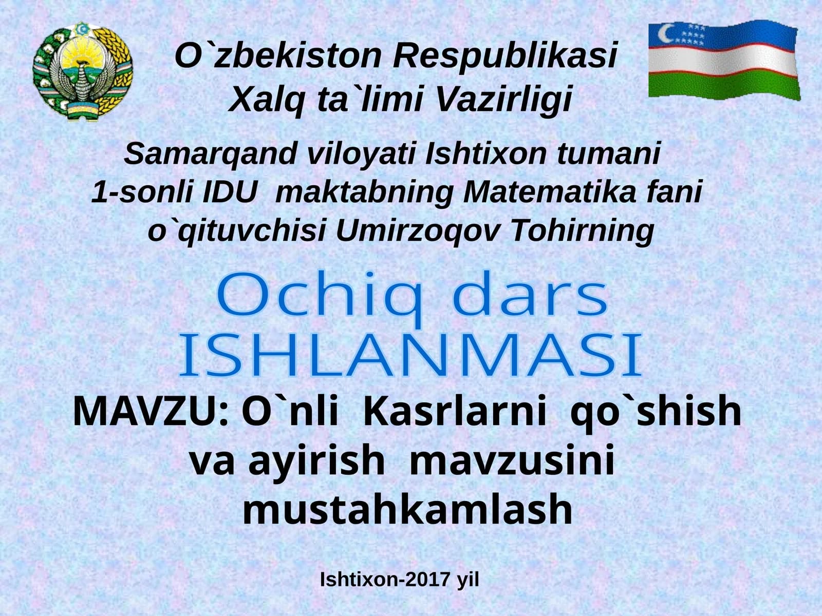 O`nli Kasrlarni qo`shish va ayirish mavzusi