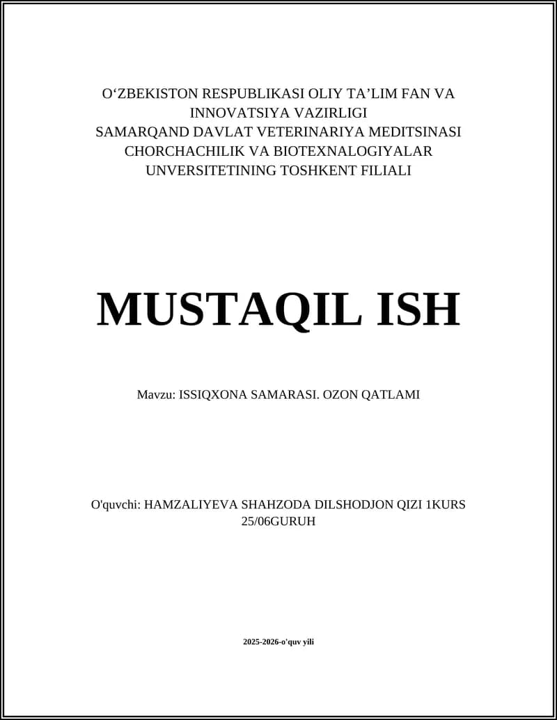 ISSIQXONA SAMARASI. OZON QATLAMI