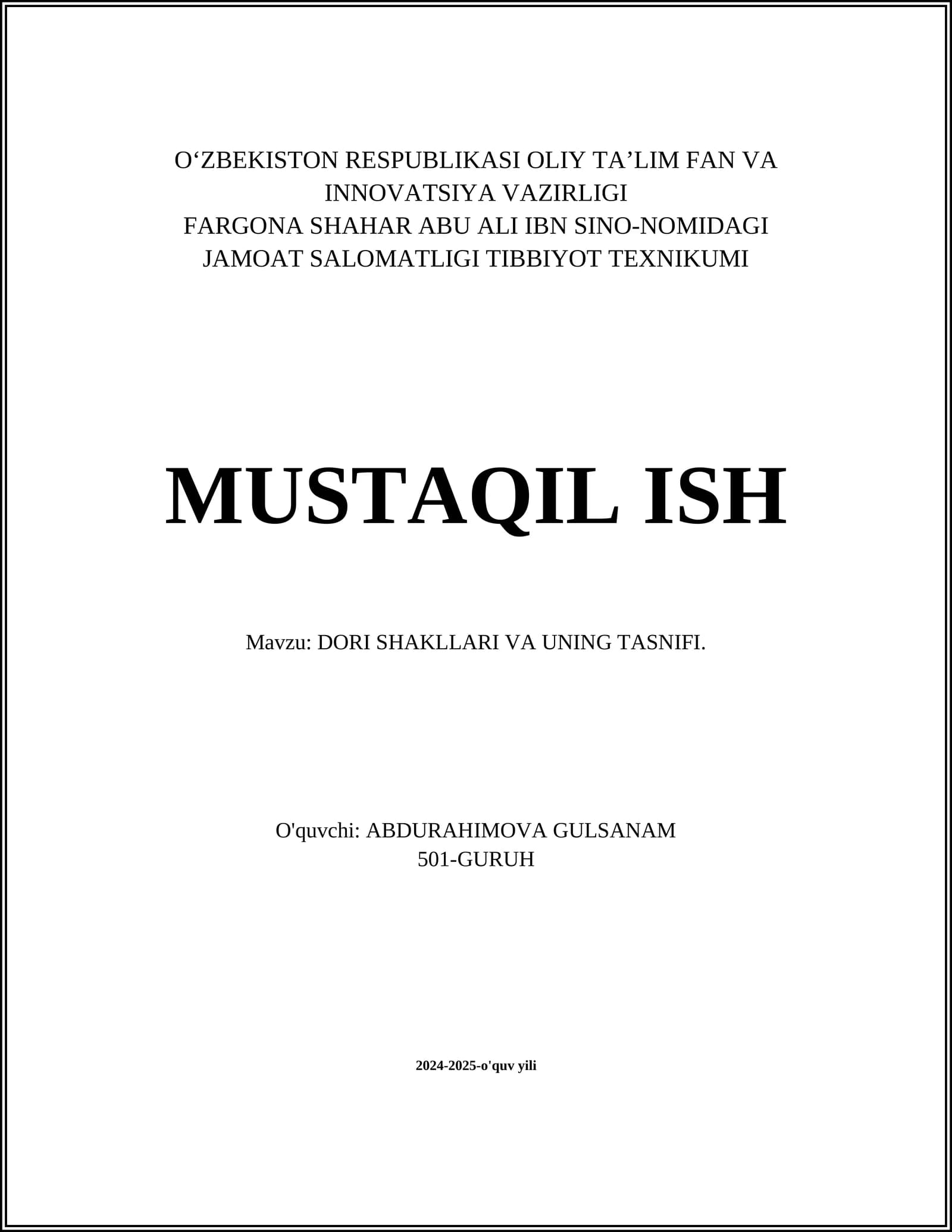 DORI SHAKLLARI VA UNING TASNIFI