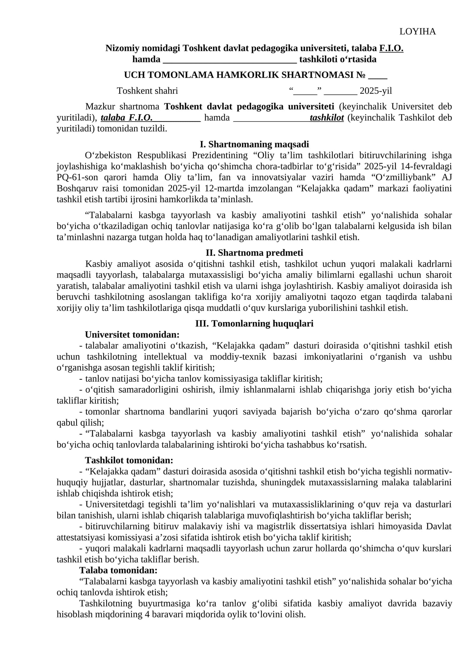 UCH TOMONLAMA HAMKORLIK SHARTNOMASI