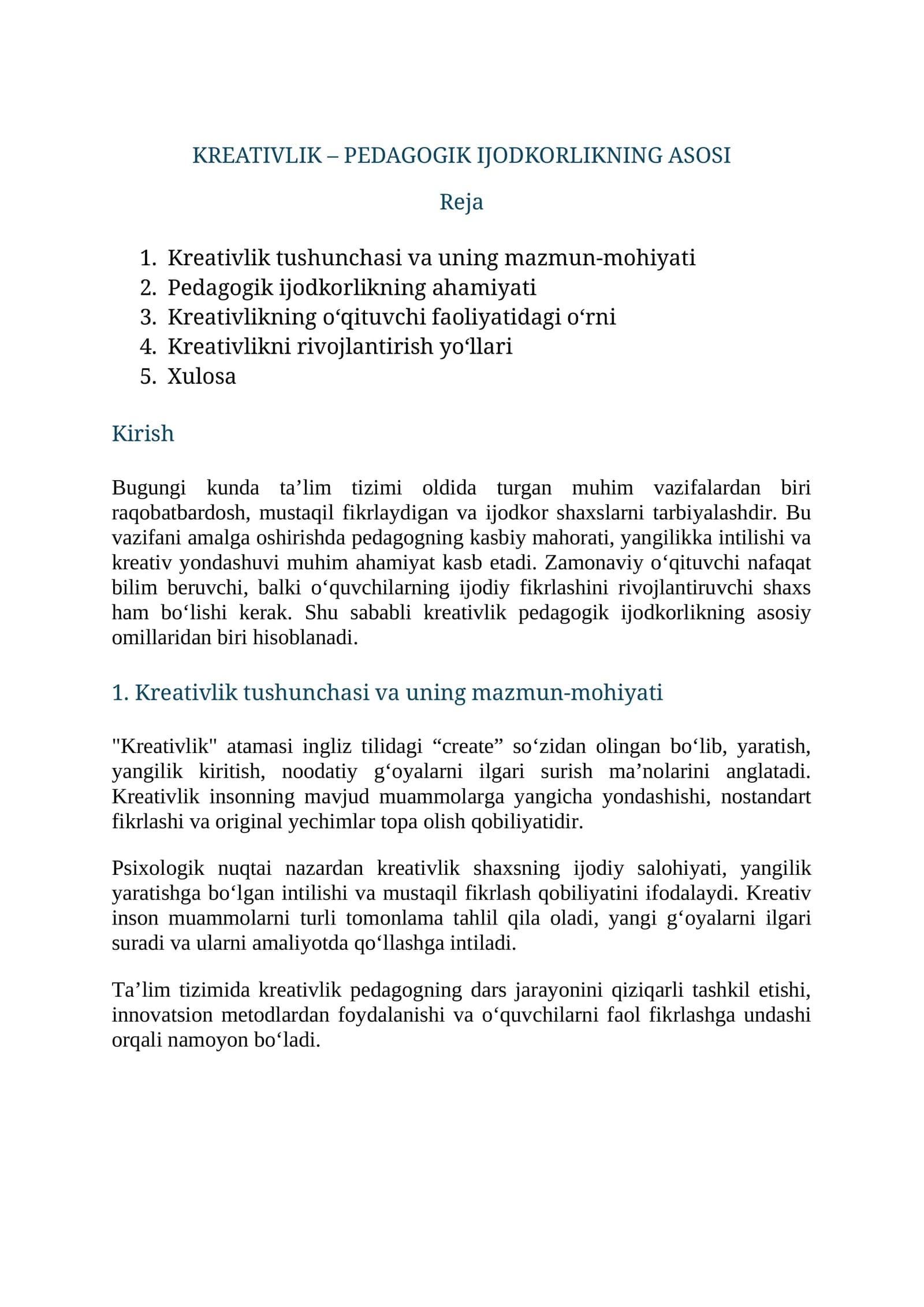 KREATIVLIK – PEDAGOGIK IJODKORLIKNING ASOSI