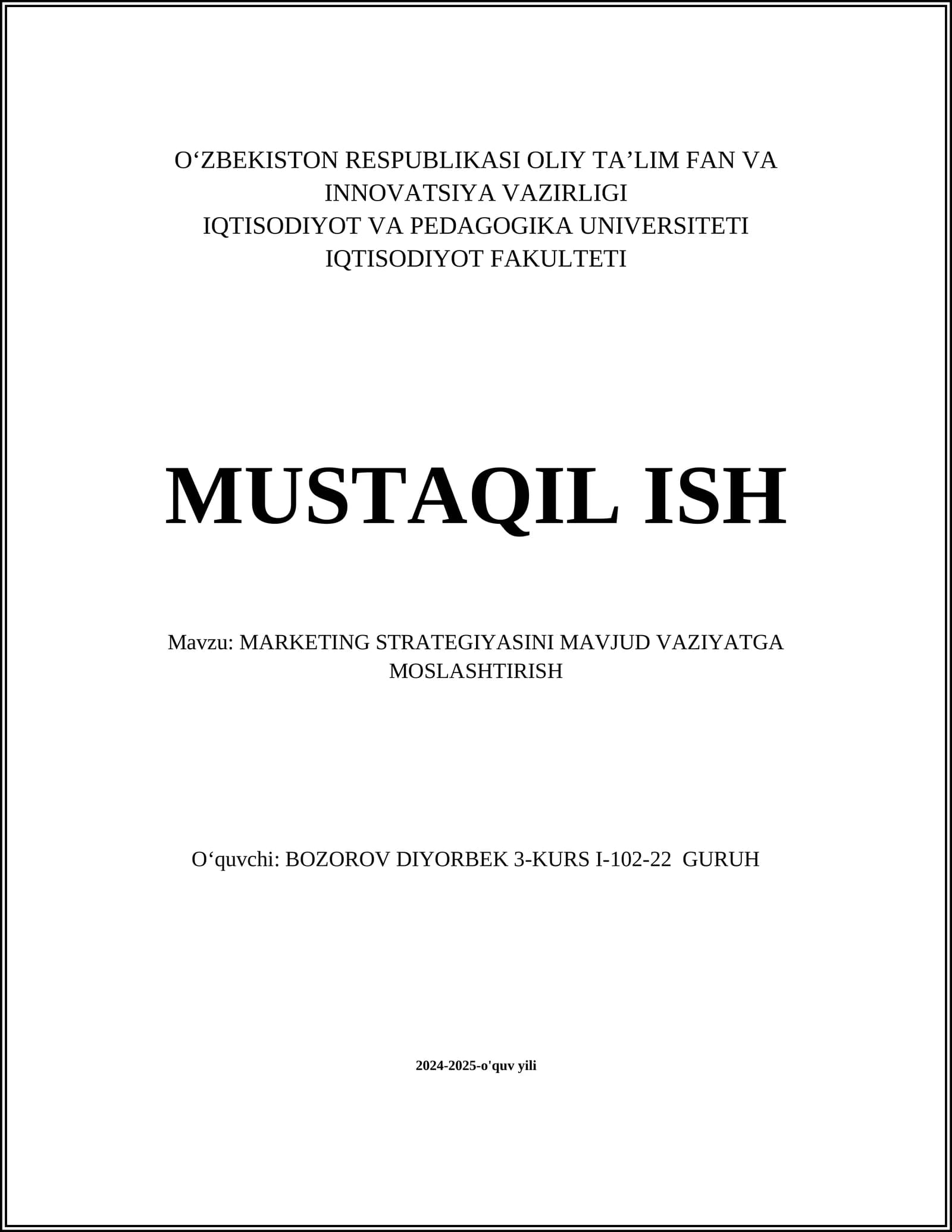 MARKETING STRATEGIYASINI MAVJUD VAZIYATGA MOSLASHTIRISH