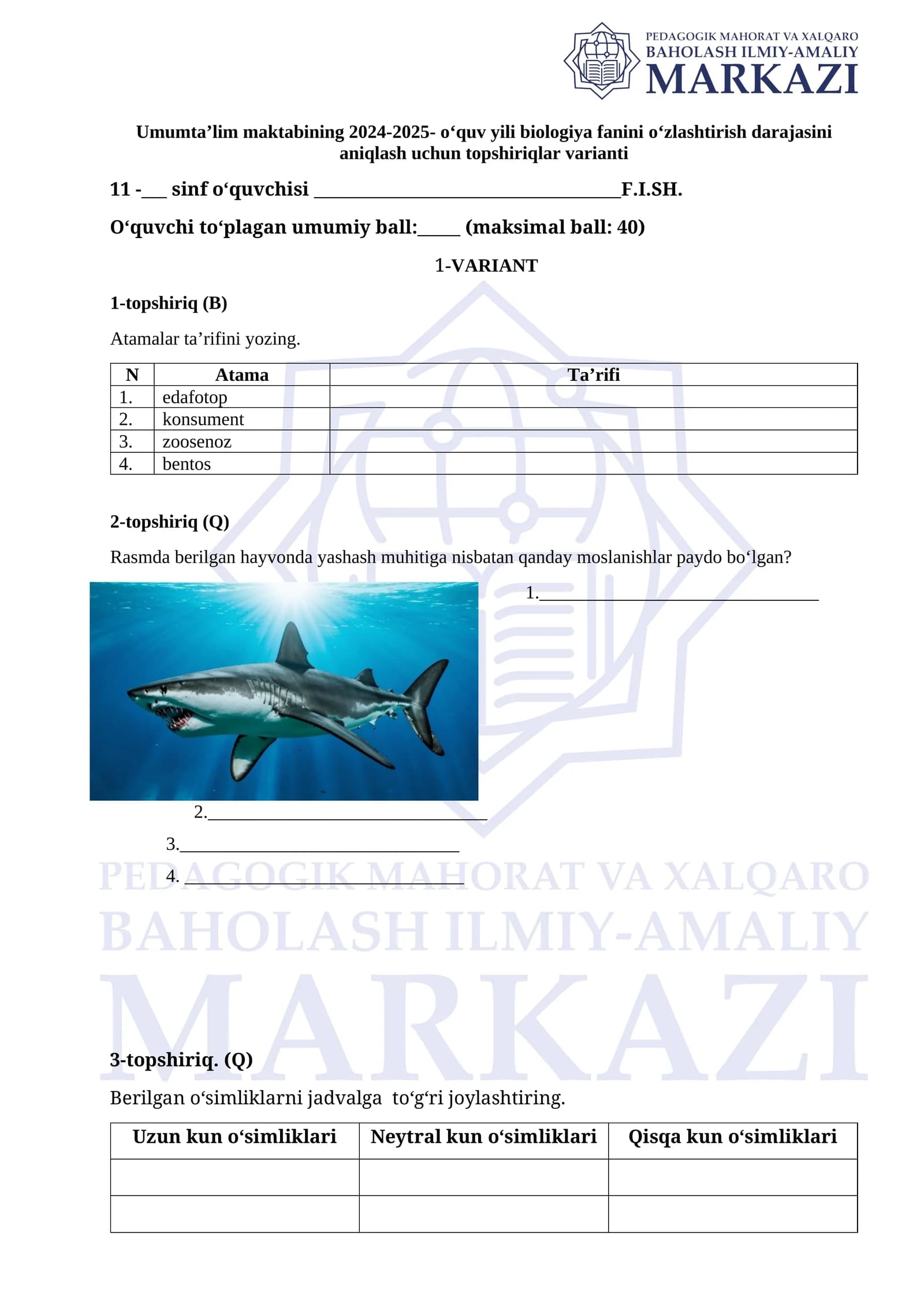 2024-2025-o‘quv yili biologiya fanini o‘zlashtirish darajasini aniqlash uchun topshiriqlar varianti